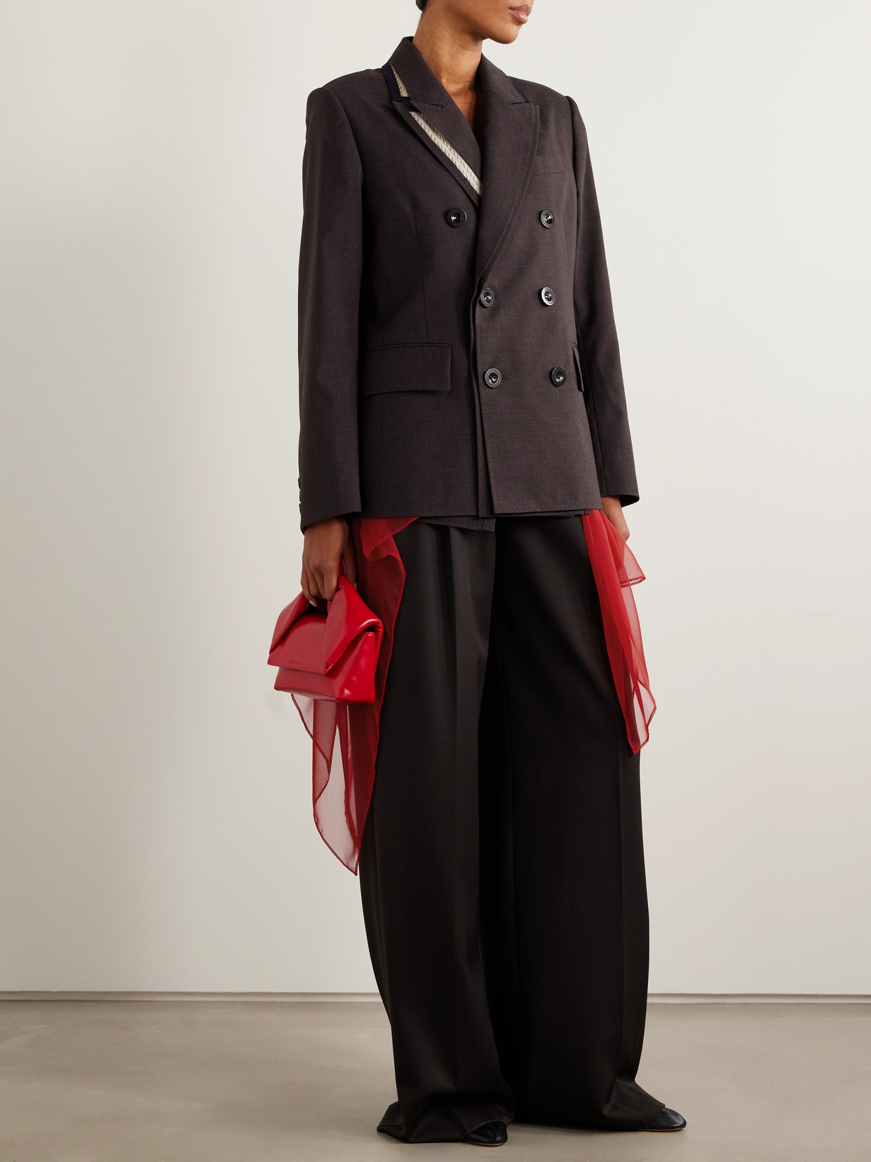 Sacai Double-breasted Chiffon-trimmed Wool Blazer In Brown