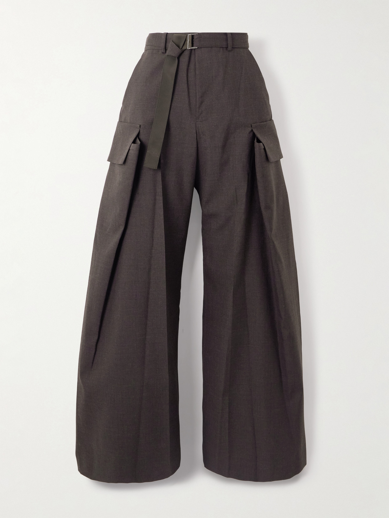 Sacai Belted Woven Wide-leg Pants In Brown