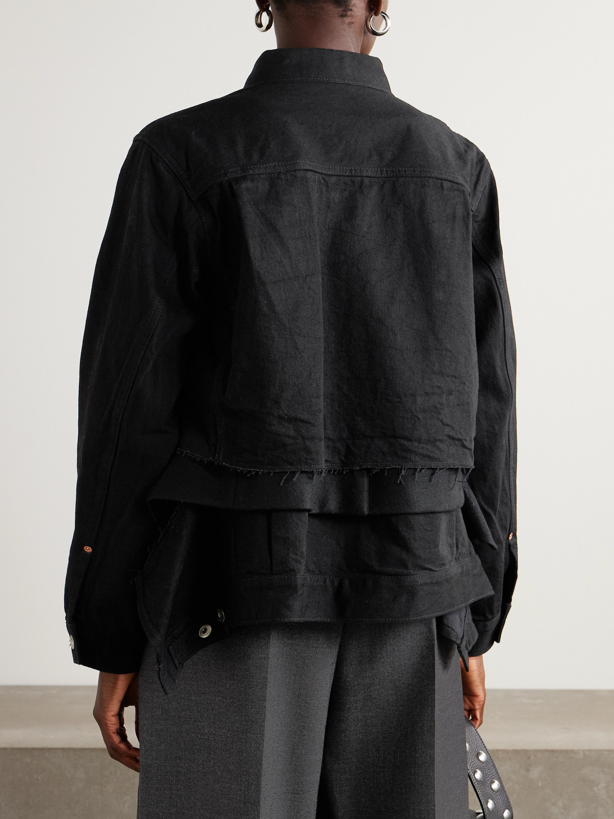 Sacai Layered Frayed Wool Felt-trimmed Denim Jacket In Multi