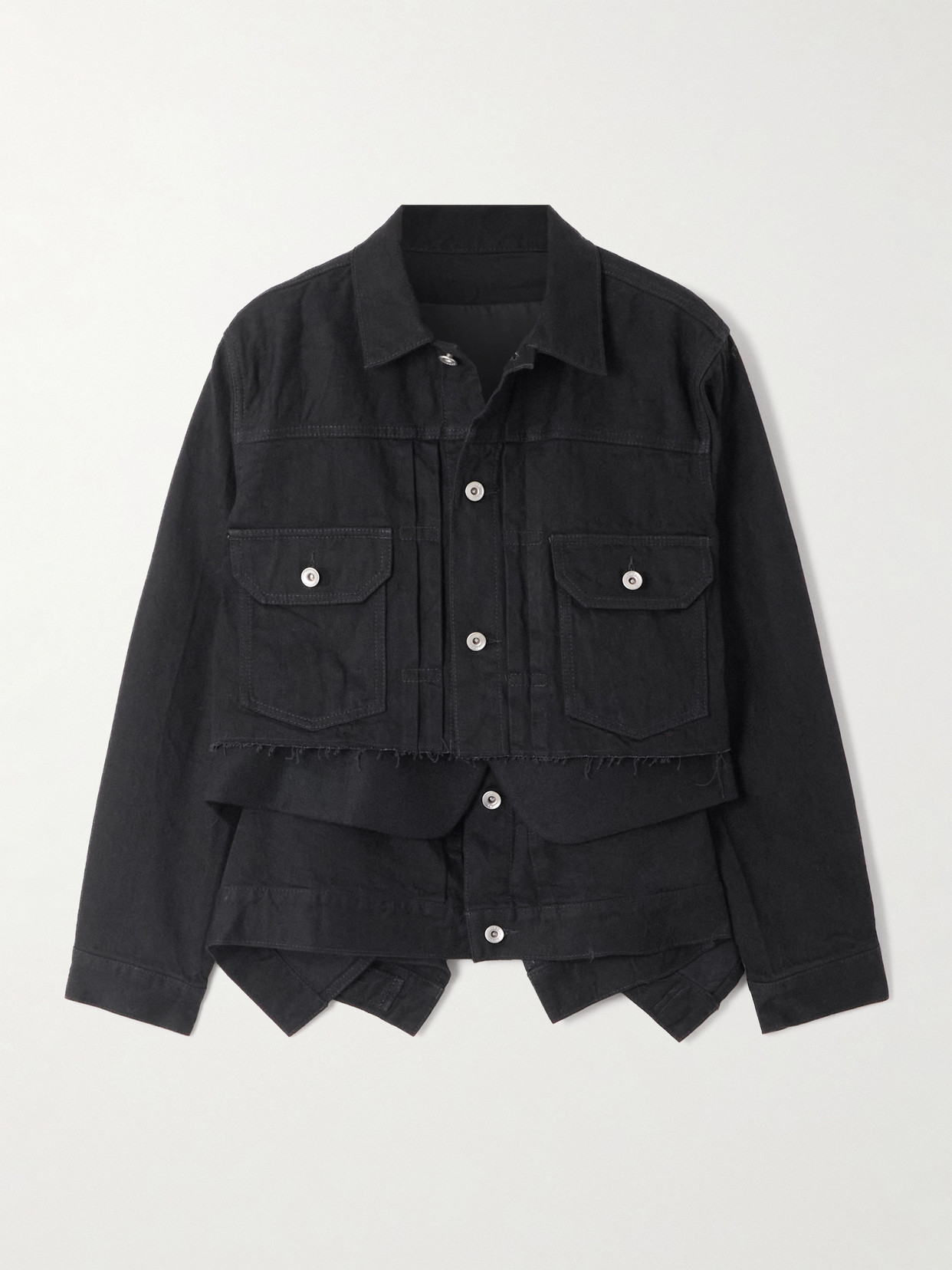 Sacai Layered Frayed Wool Felt-trimmed Denim Jacket In Multi