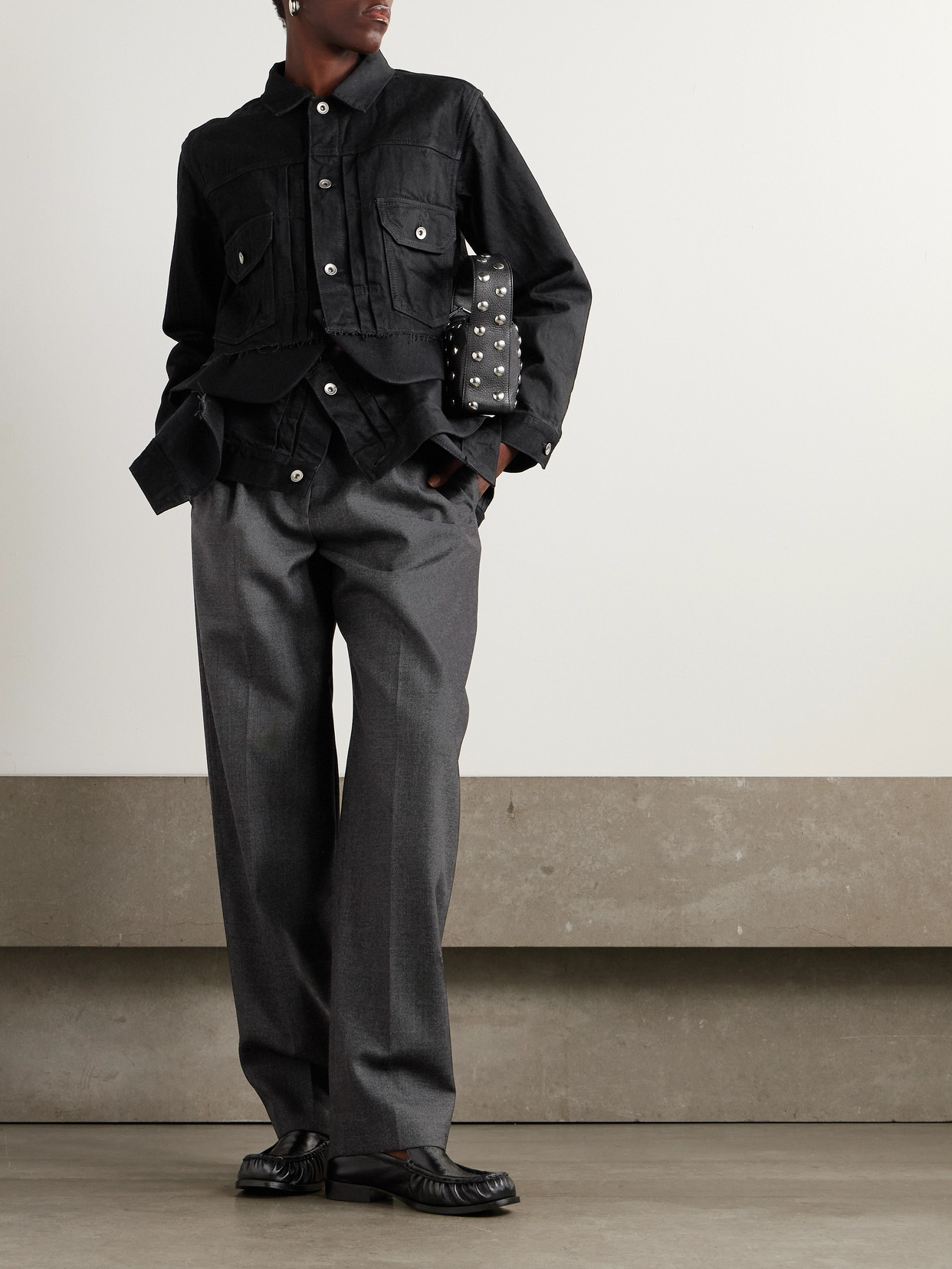 Sacai Layered Frayed Wool Felt-trimmed Denim Jacket In Multi