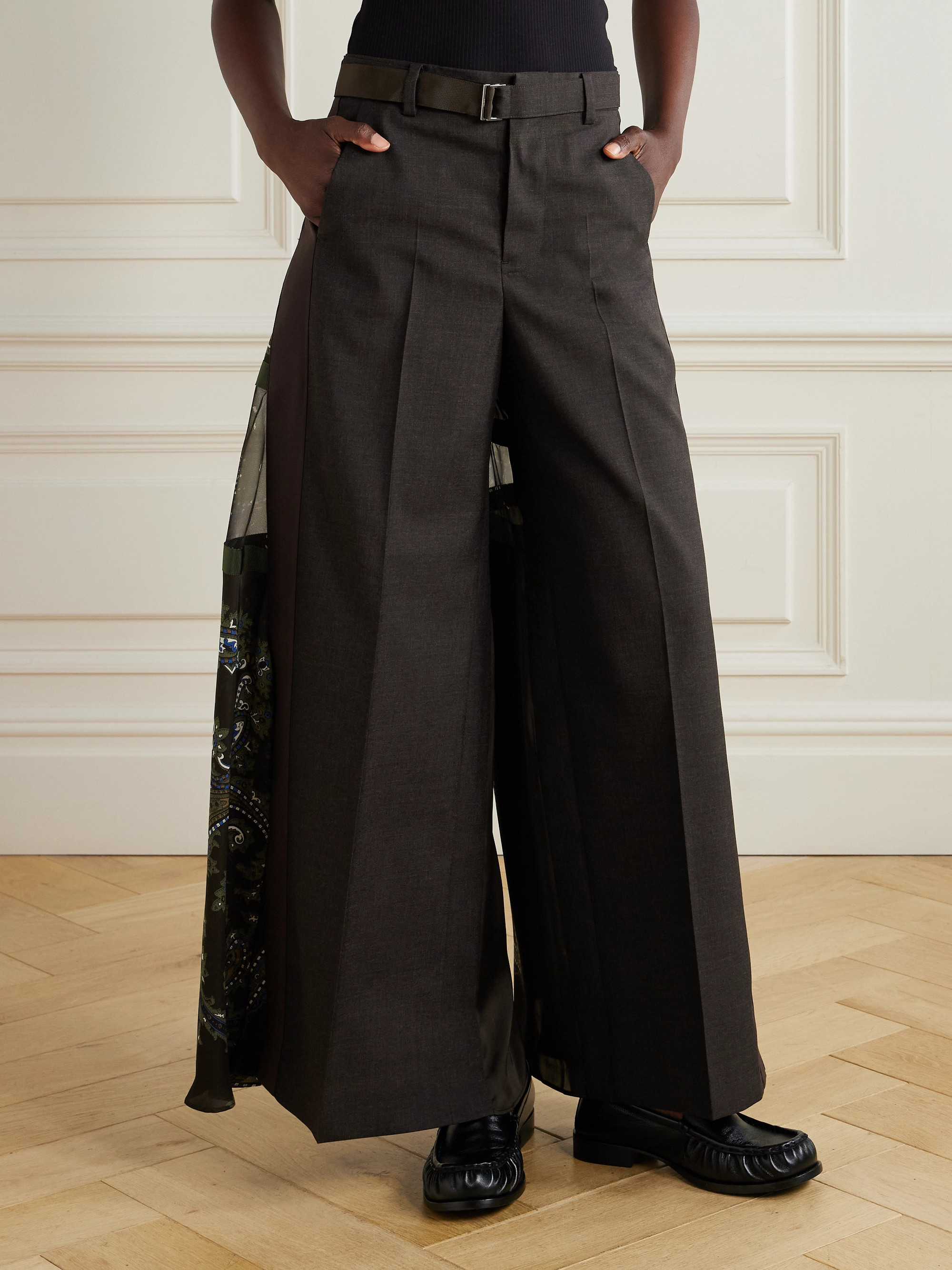 Sacai - Belted paisley-print shell-trimmed wool wide-leg pants | Plush