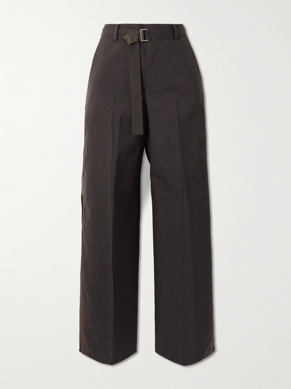 Sacai Belted Paisley-print Shell-trimmed Wool Wide-leg Pants In Brown