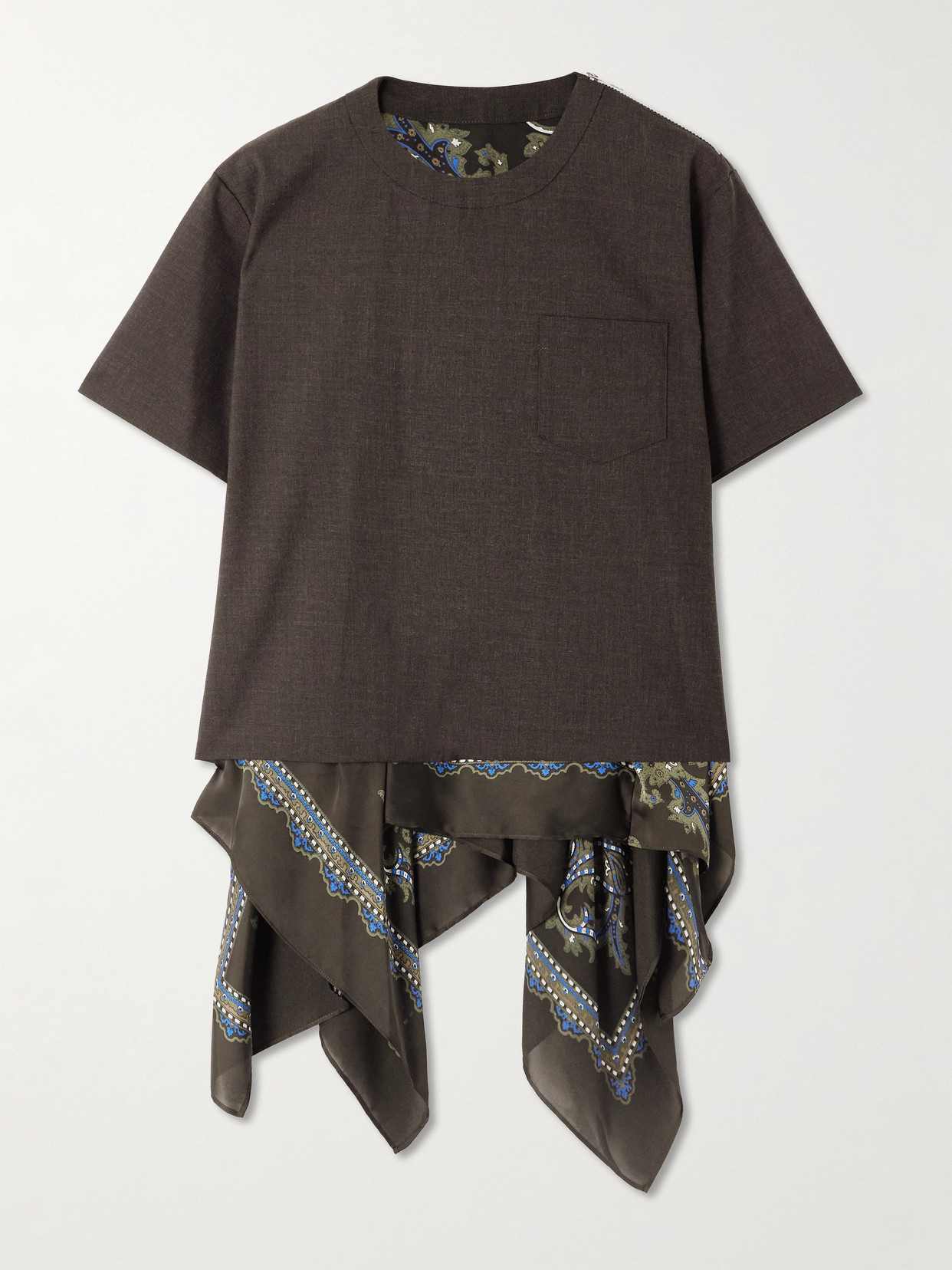 Sacai Pocket-detailed Paisley-print T-shirt In Brown