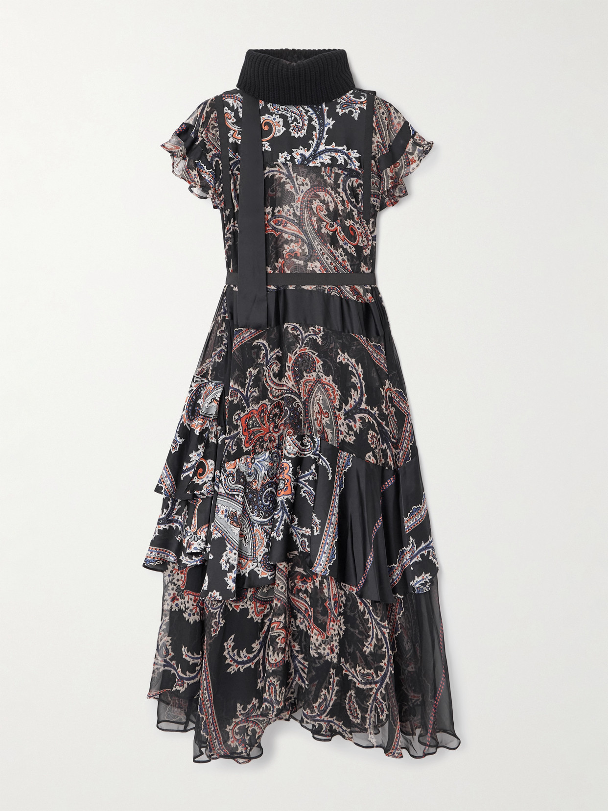 Sacai Belted Ribbed Wool-blend Trimmed Paisley-print Voile Midi Dress In Black