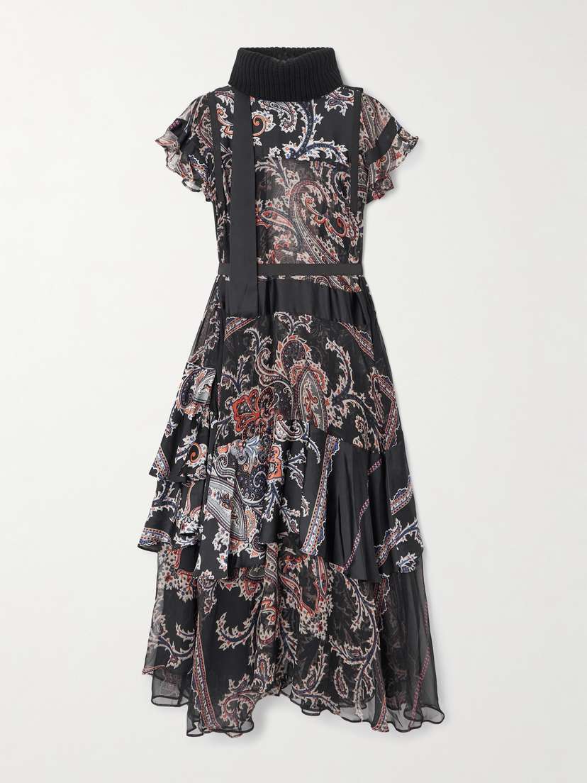 Sacai Belted Ribbed Wool-blend Trimmed Paisley-print Voile Midi Dress