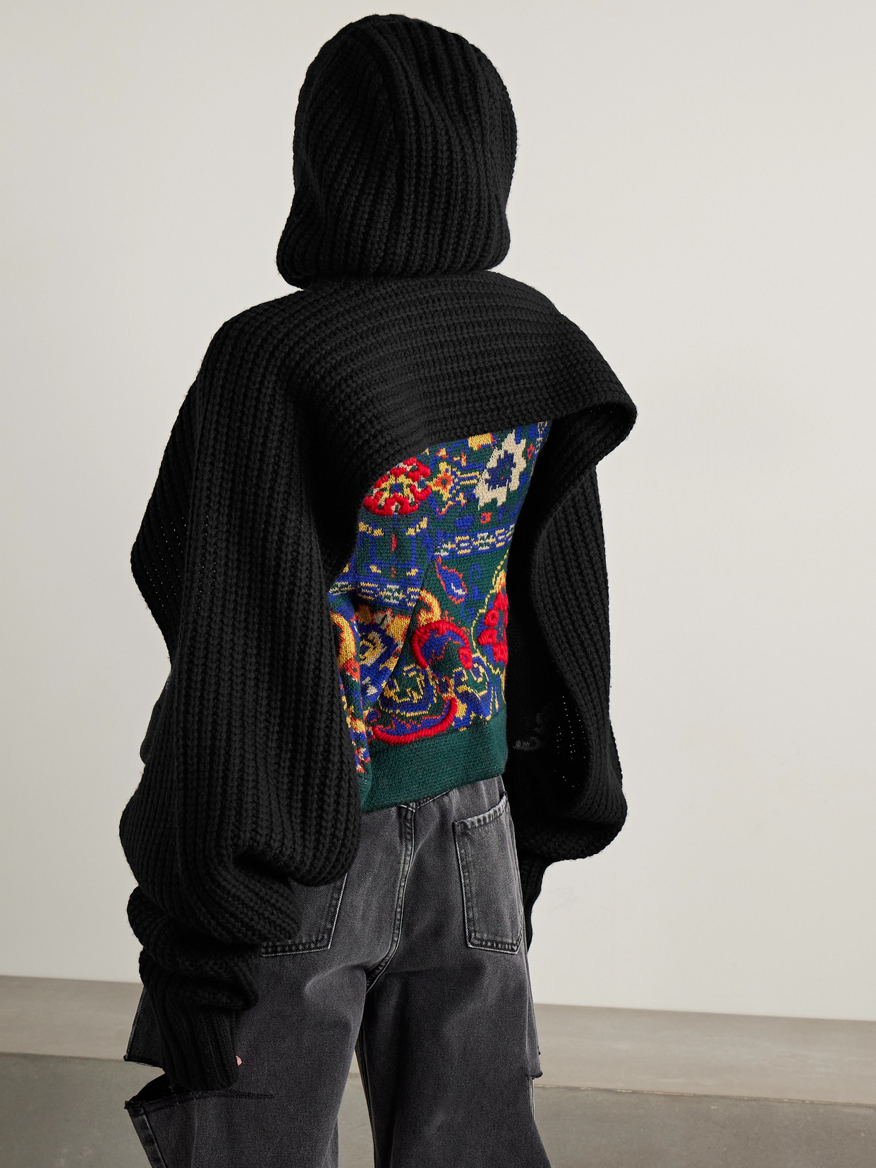 Sacai Cropped Hooded Ribbed Wool-blend Sweater In Black