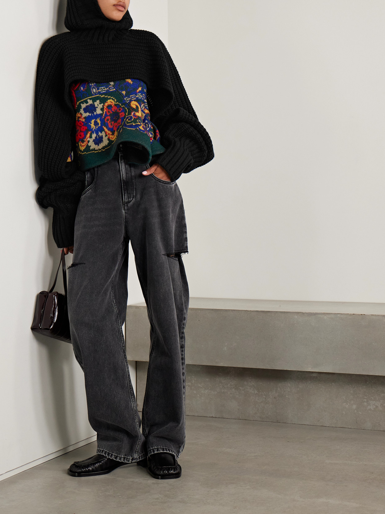 Sacai Cropped Hooded Ribbed Wool-blend Sweater In Black