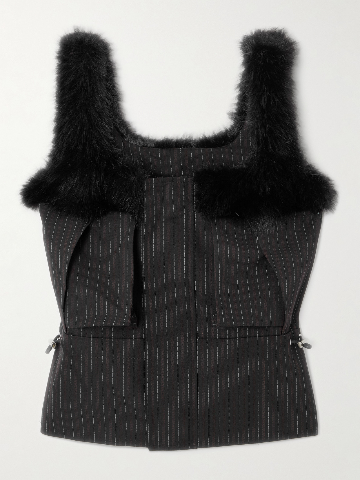Sacai Plush-trimmed Striped Woven Top In Black