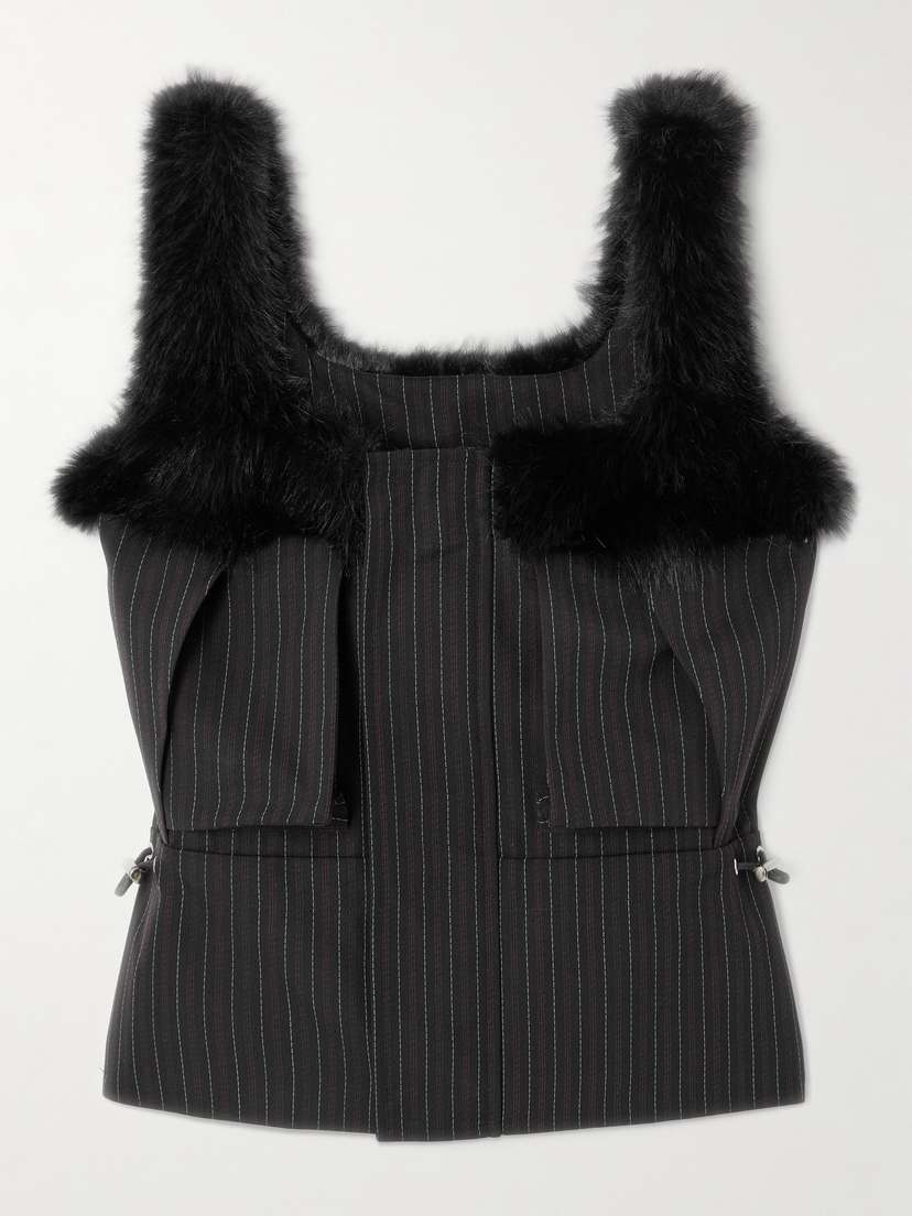 Sacai Plush-trimmed Striped Woven Top