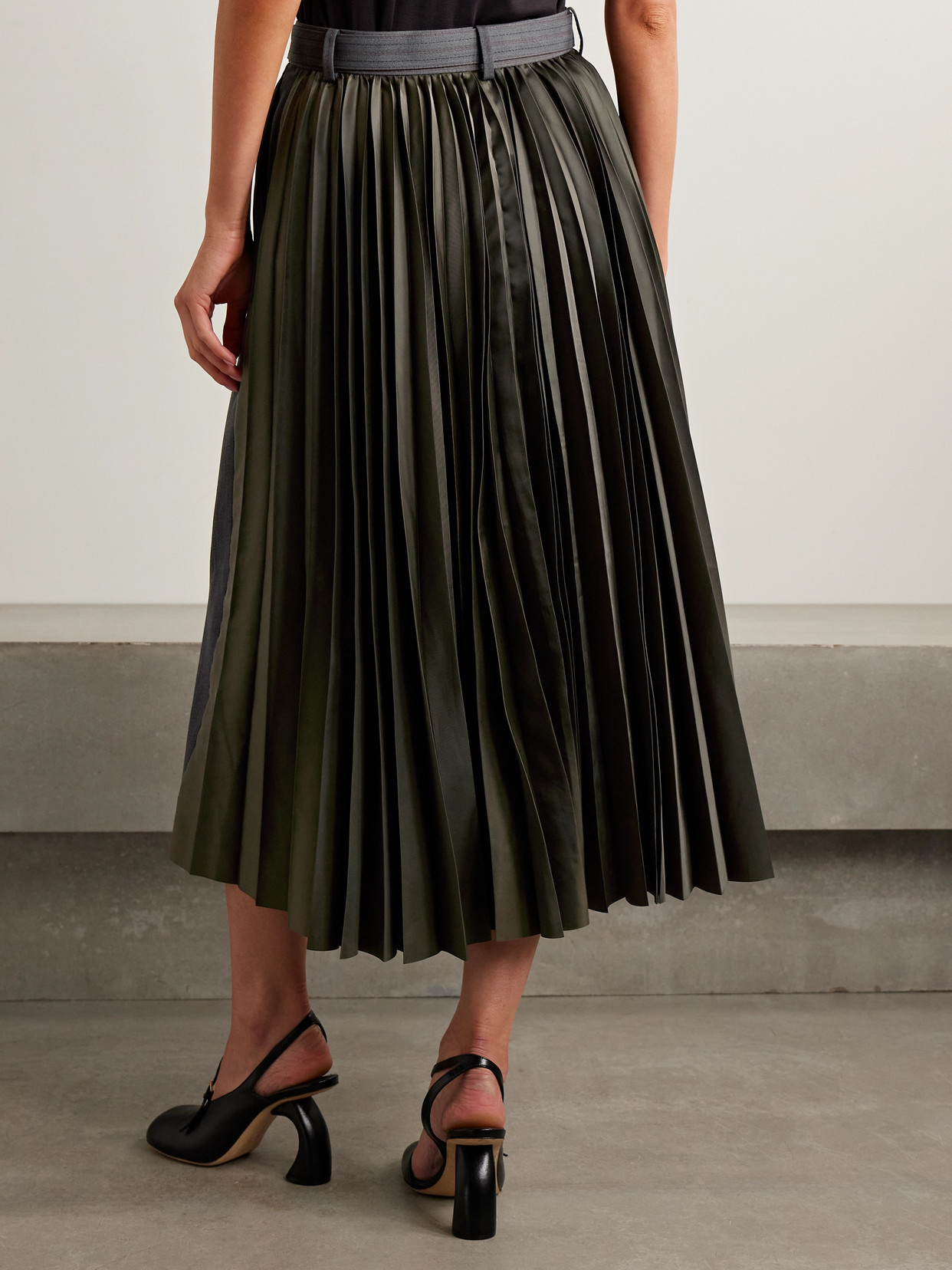 Sacai Belted Paneled Striped Woven And Pleated Satin-twill Midi Skirt In Gray