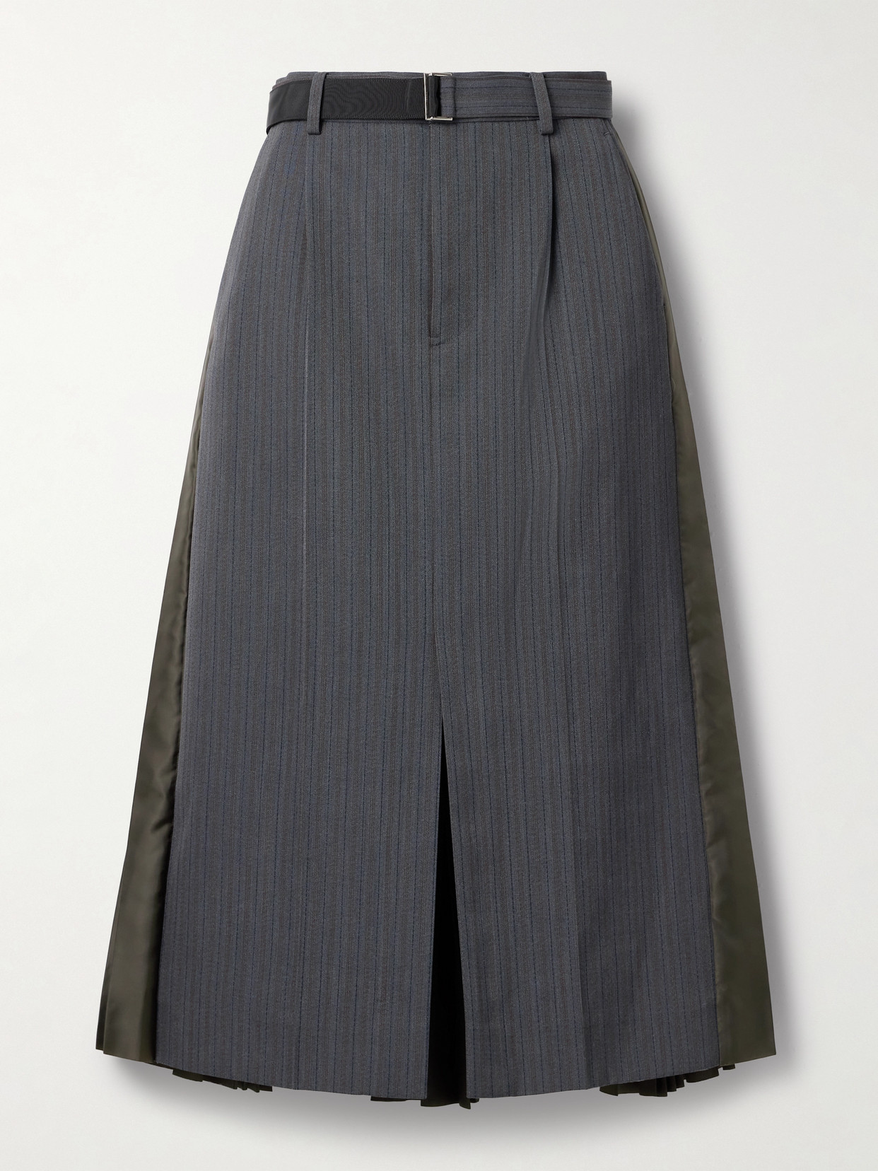 Sacai Belted Paneled Striped Woven And Pleated Satin-twill Midi Skirt In Gray