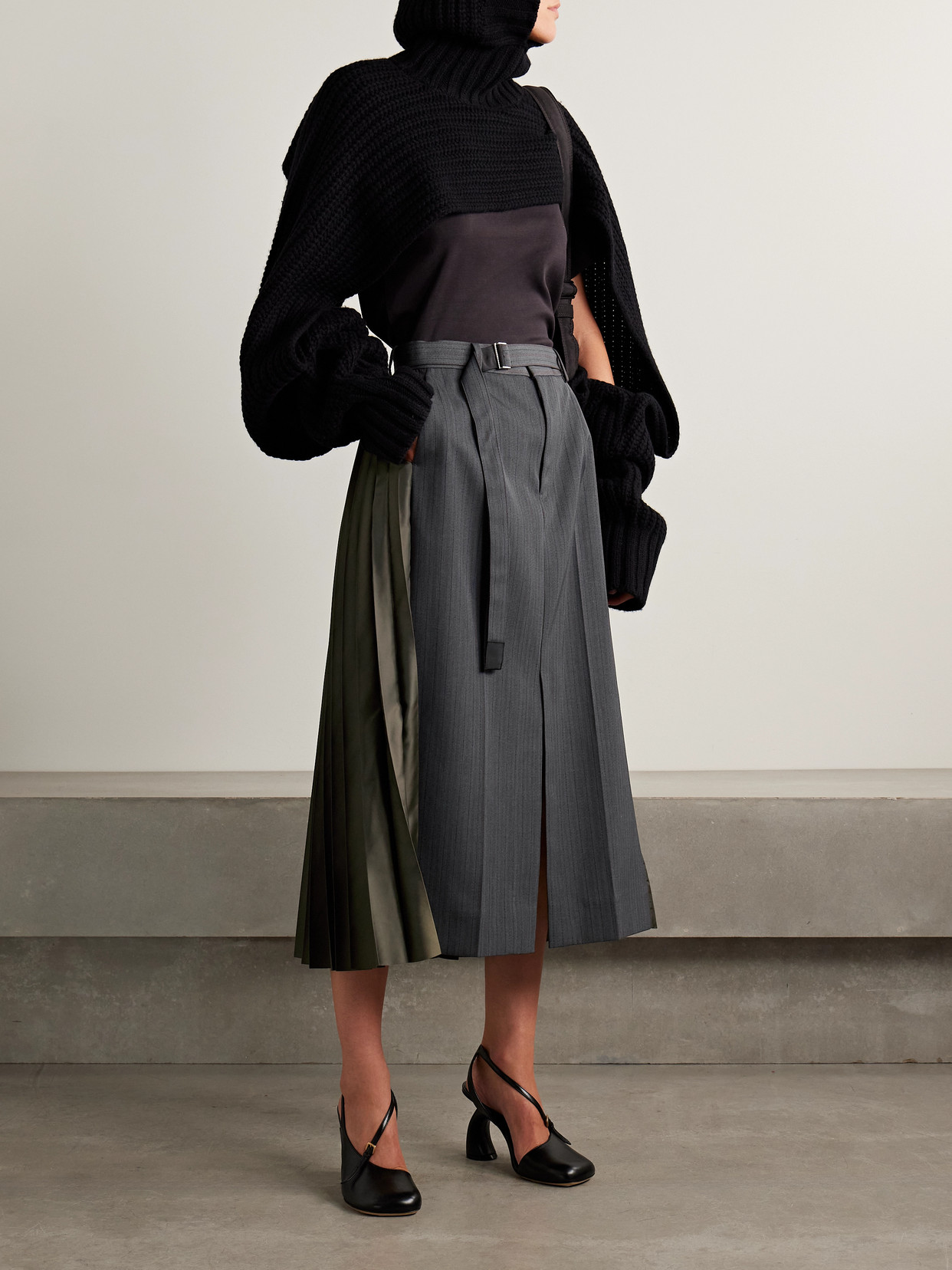 Sacai Belted Paneled Striped Woven And Pleated Satin-twill Midi Skirt In Gray