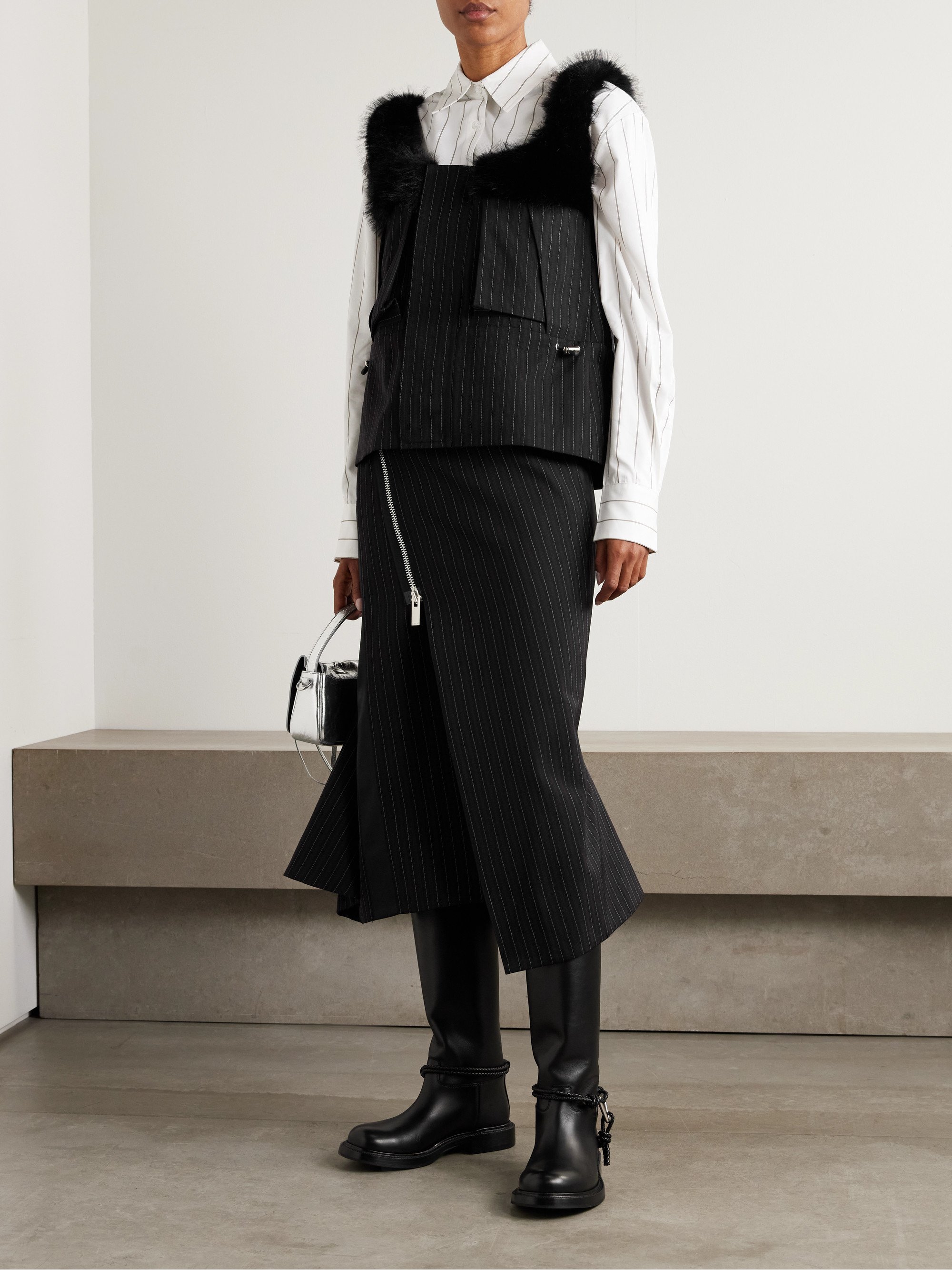 Sacai - Satin-trimmed striped woven skirt | Plush