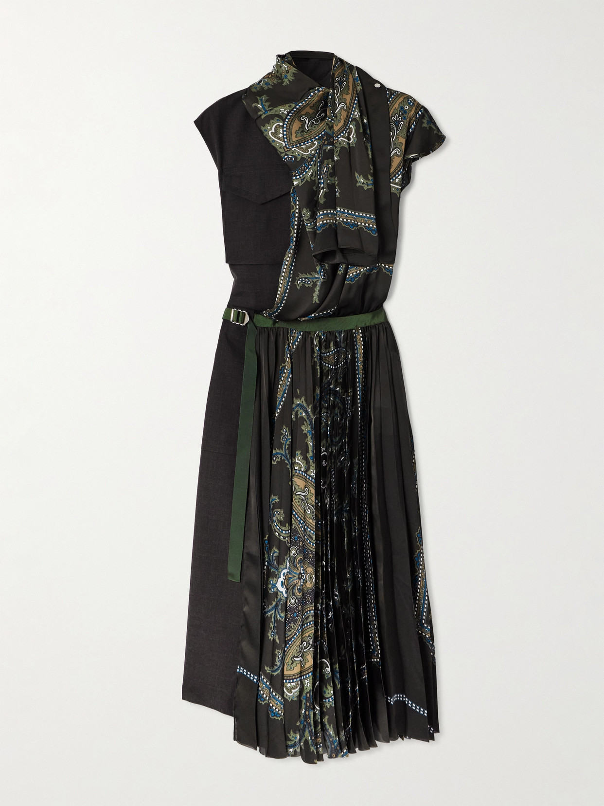 Sacai Paisley-print Crepe-trimmed Wool Midi Dress In Black