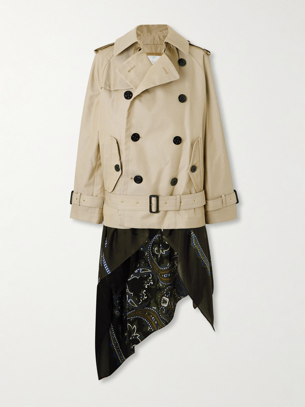 Sacai Double-breasted Scarf-detailed Gabardine Jacket In Neutral