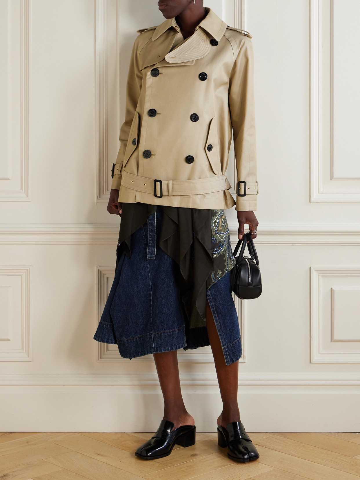 Double-Breasted Scarf-Detailed Gabardine Jacket