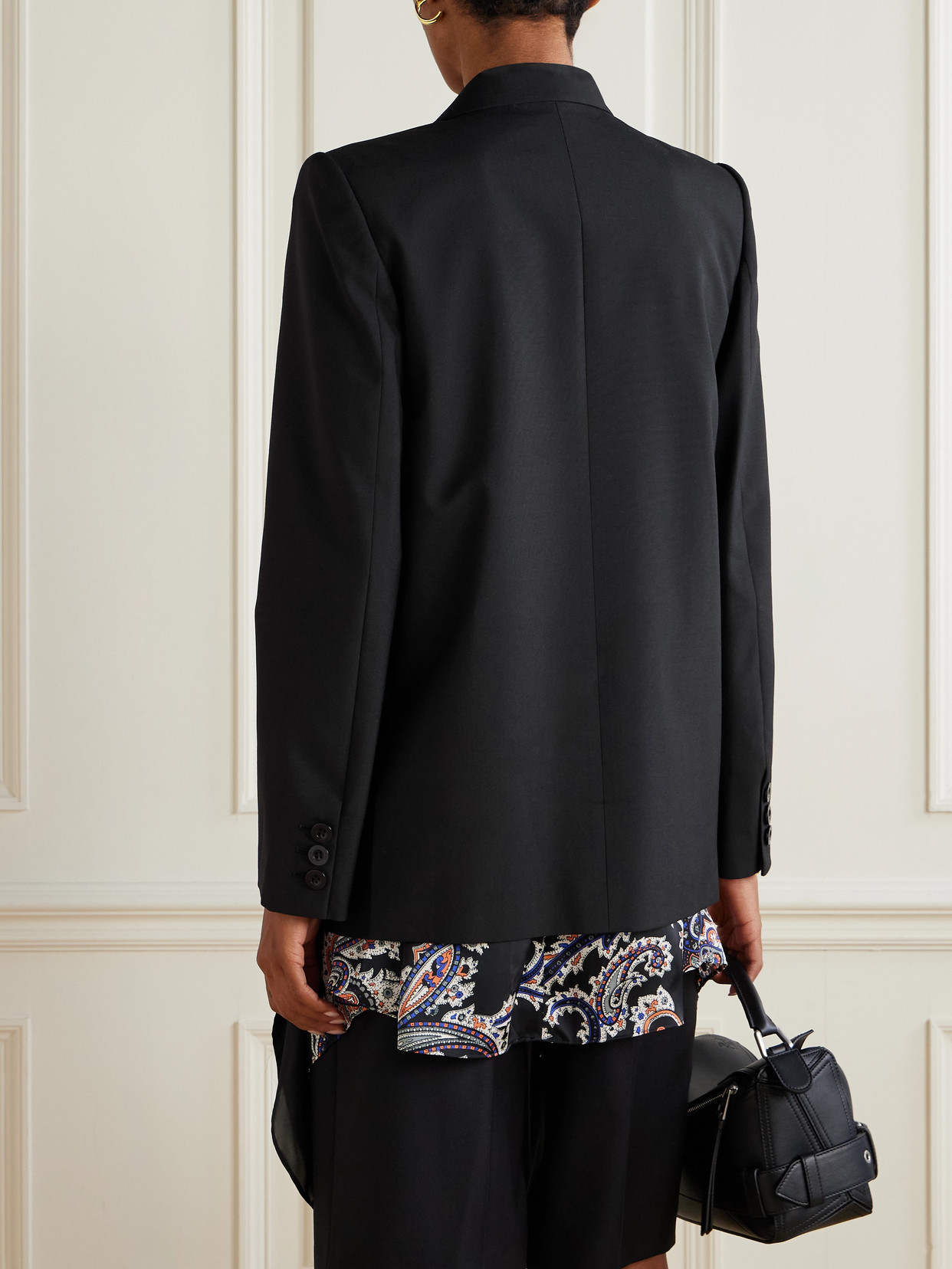 Sacai Double-breasted Paisley-print Voile-trimmed Grain De Poudre Blazer In Black