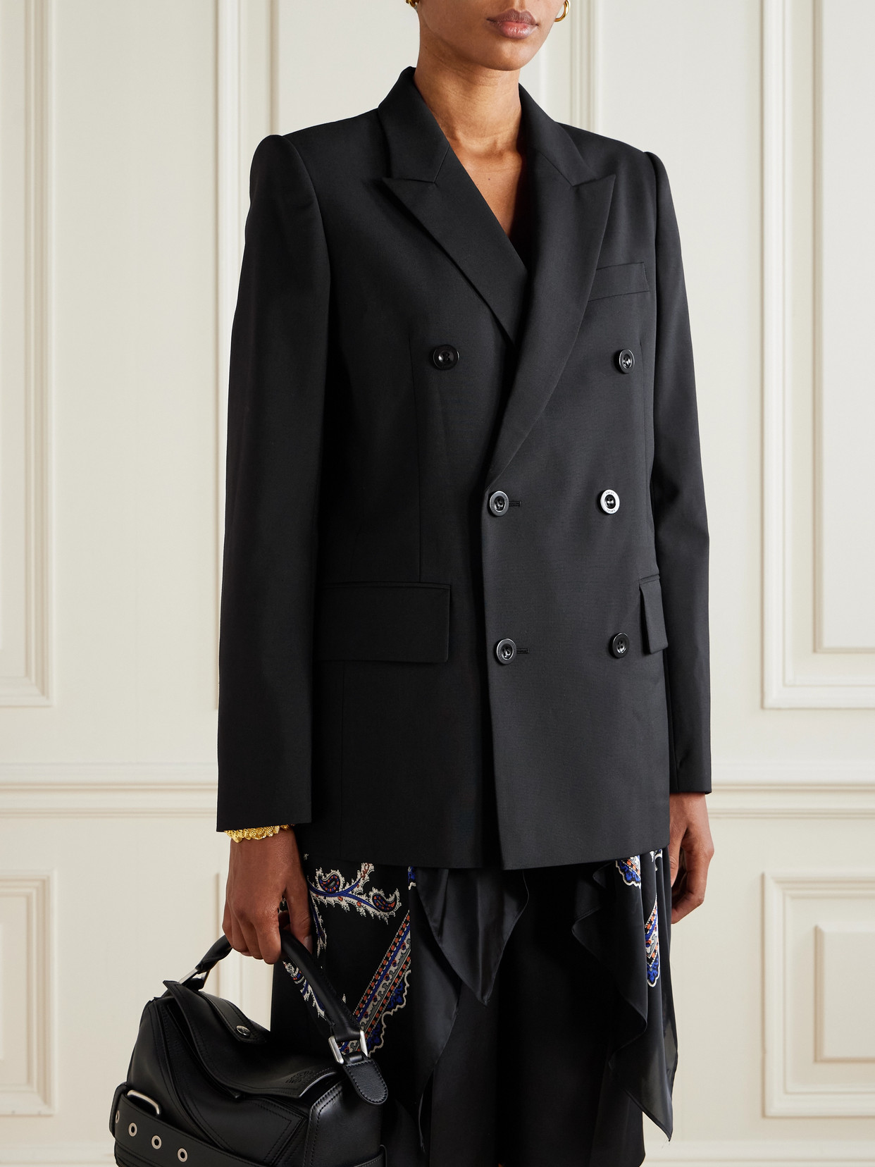 Sacai Double-breasted Paisley-print Voile-trimmed Grain De Poudre Blazer In Black
