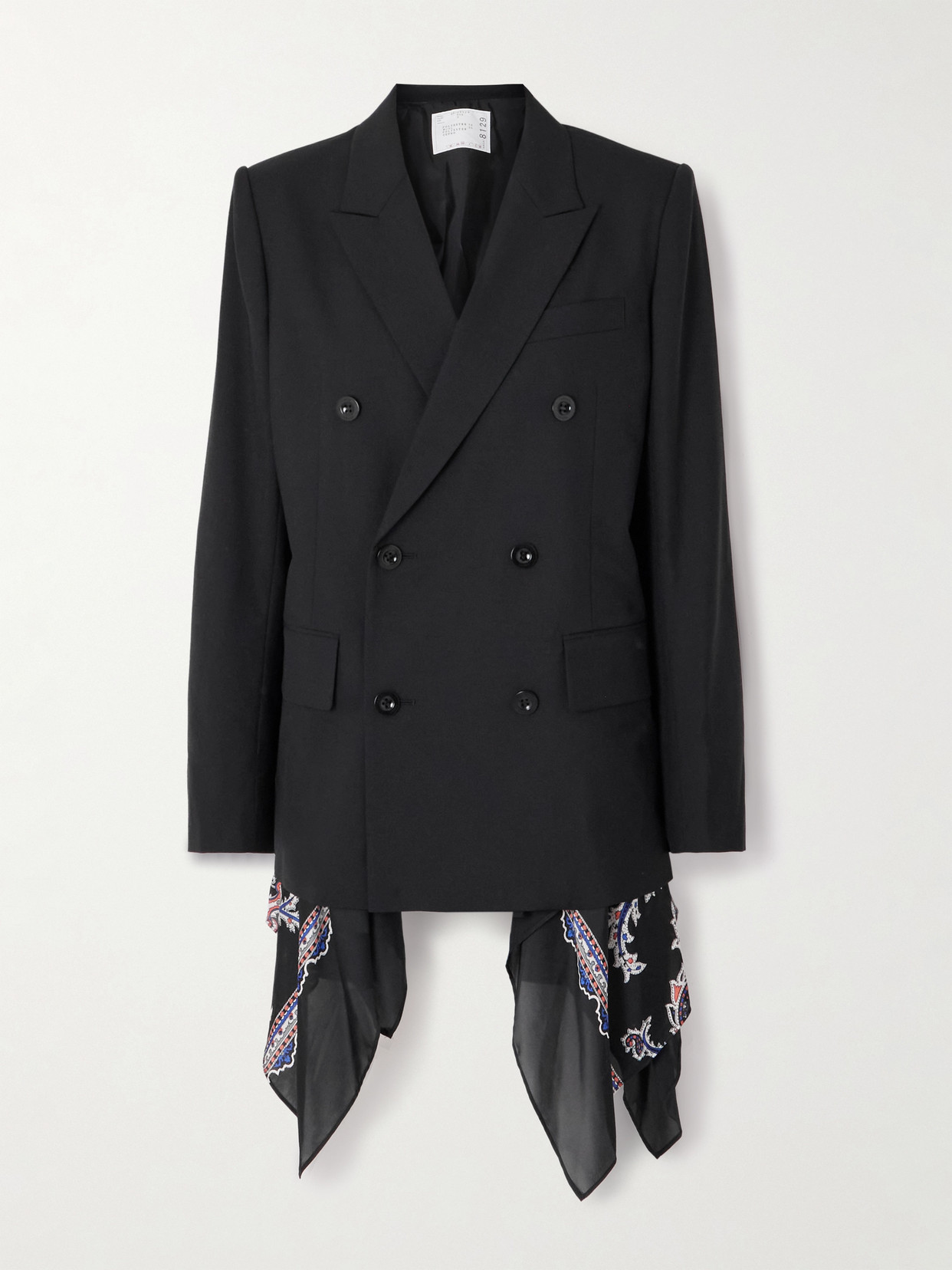 Sacai Double-breasted Paisley-print Voile-trimmed Grain De Poudre Blazer In Black
