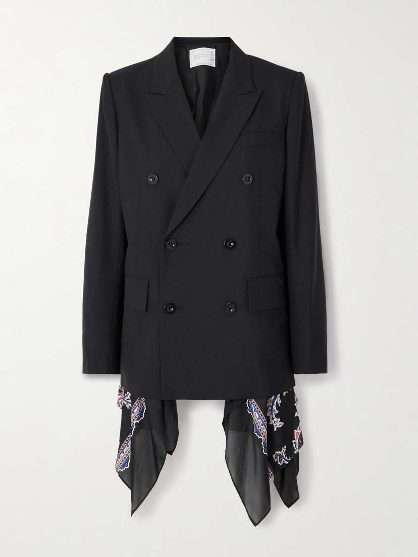 Sacai Double-breasted Paisley-print Voile-trimmed Grain De Poudre Blazer