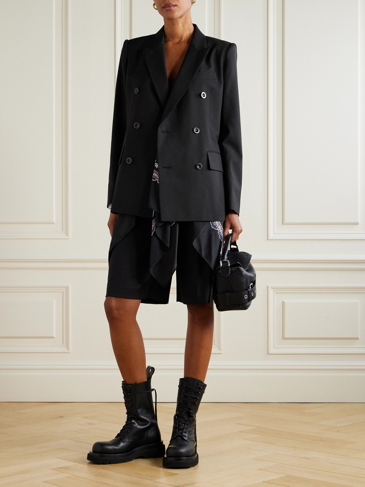 Sacai Double-breasted Paisley-print Voile-trimmed Grain De Poudre Blazer In Black
