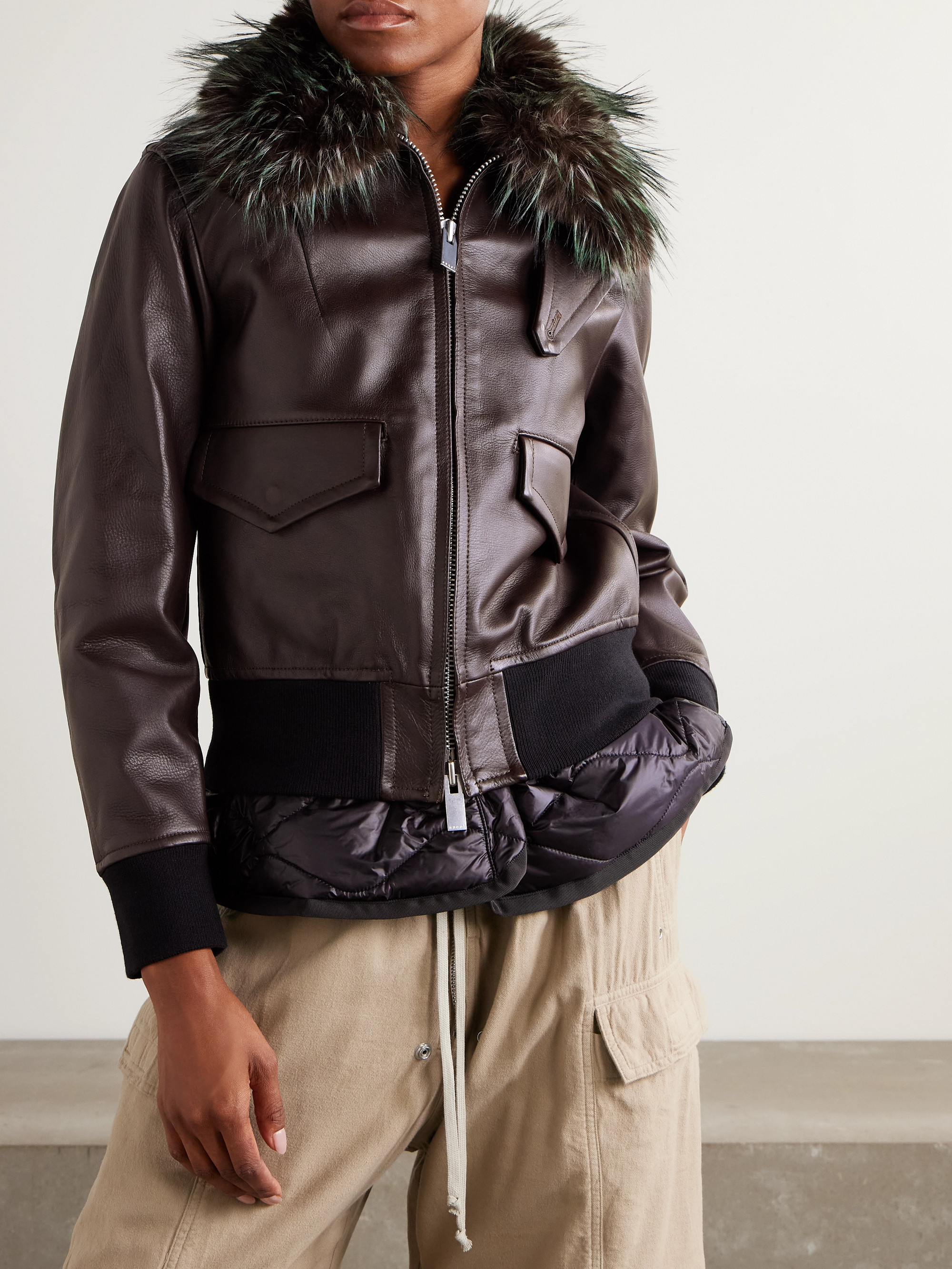 Saki Sacai - Convertible plush-trimmed padded leather jacket | Plush
