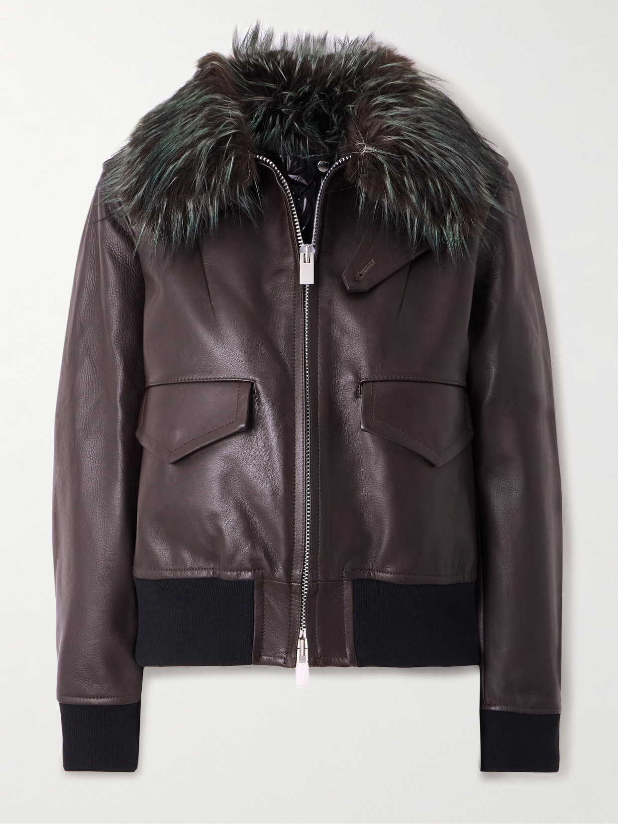 Sacai Convertible Plush-trimmed Padded Leather Jacket In Brown