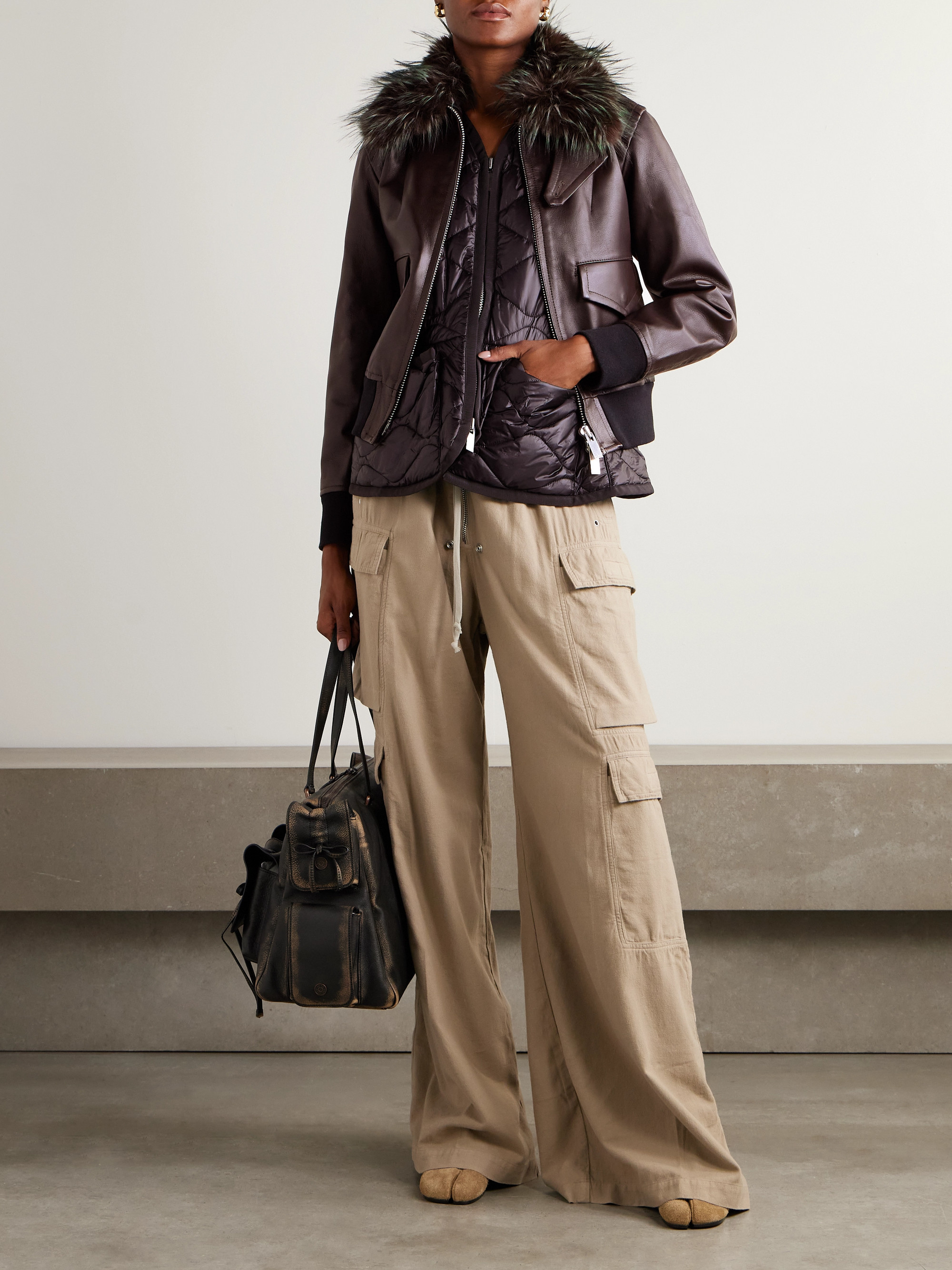 Sacai - Convertible plush-trimmed padded leather jacket | Plush