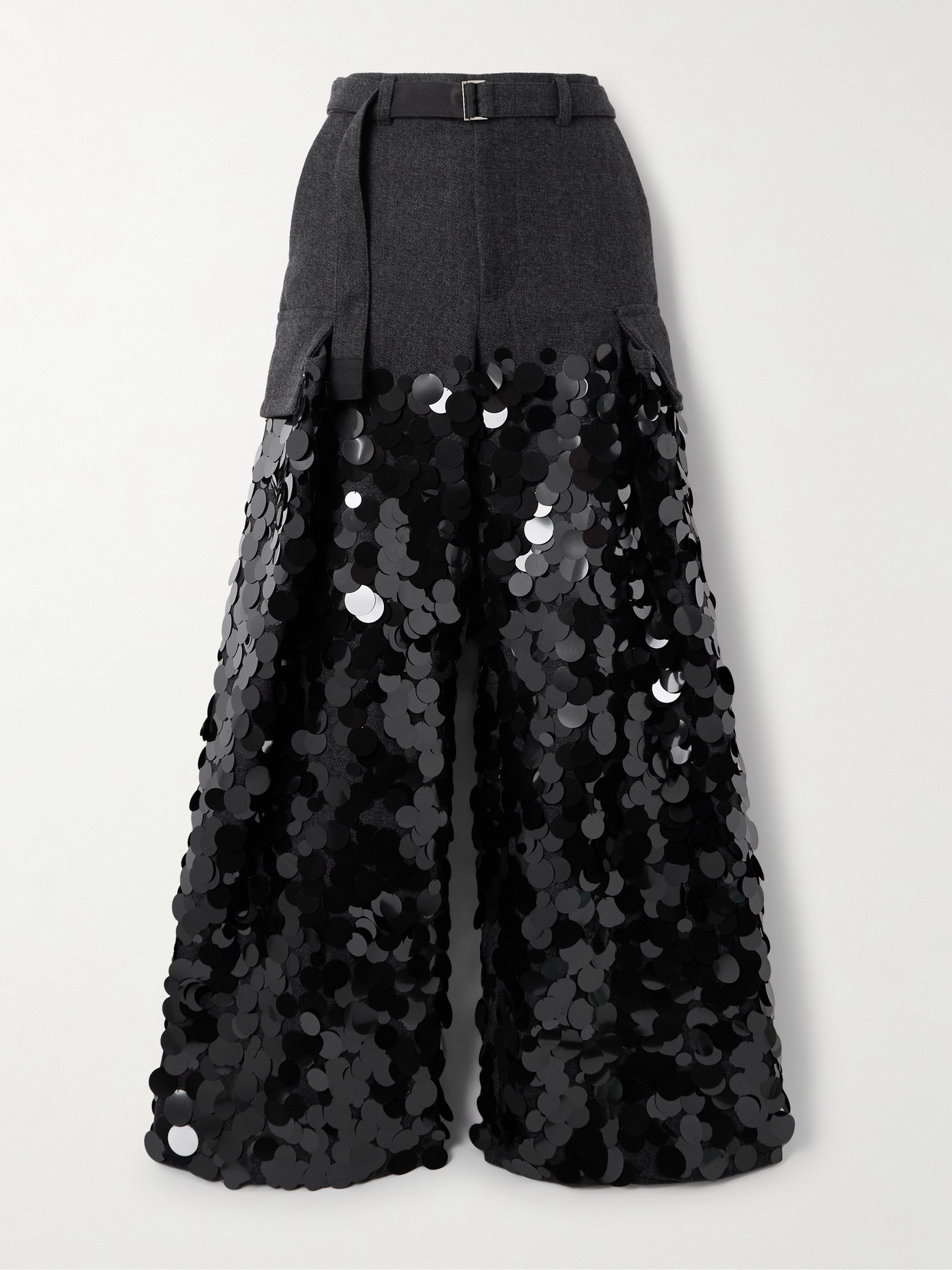 Sacai Womens C Gray Black Sequin-embellished Wide-leg Wool Trousers In Black