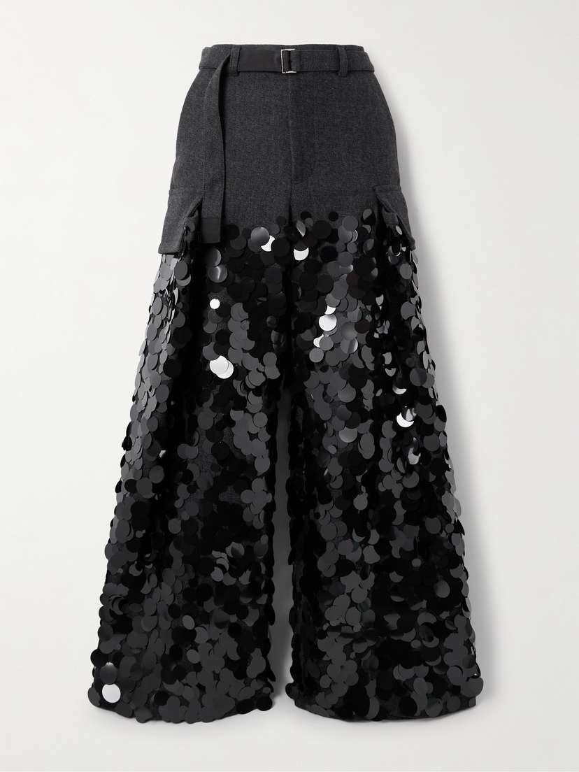 Sacai Sequined Wool Wide-leg Cargo Pants