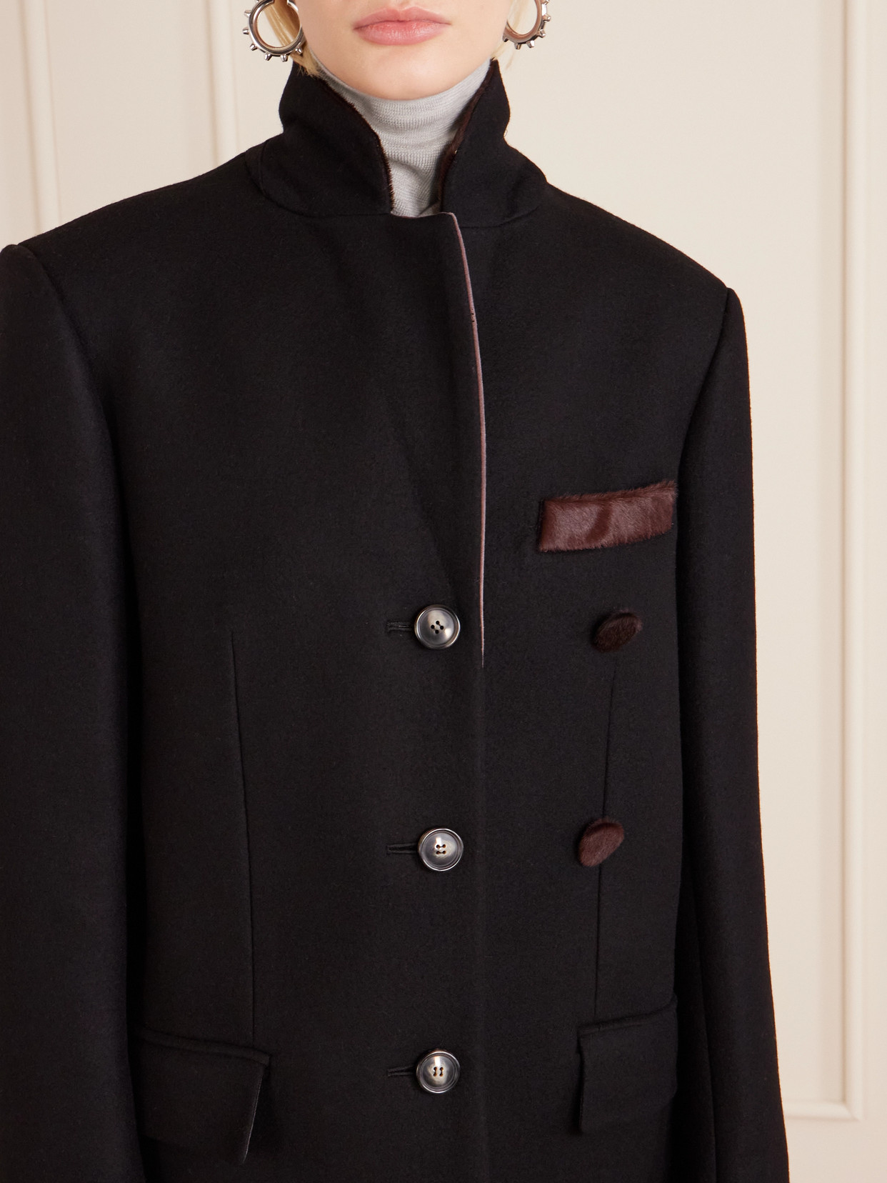 Marni Embroidered Calf Hair And Suede-trimmed Wool Coat In Black