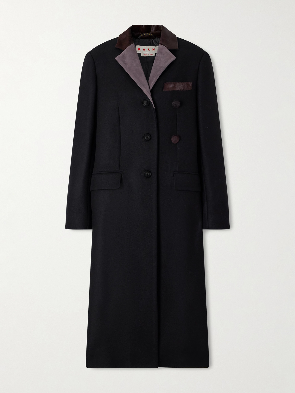Marni Embroidered Calf Hair And Suede-trimmed Wool Coat In Black