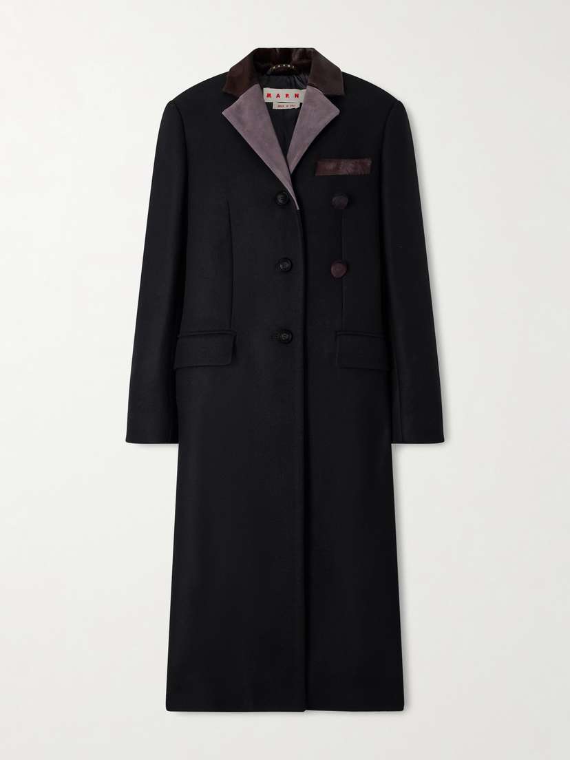 Marni Embroidered Calf Hair And Suede-trimmed Wool Coat