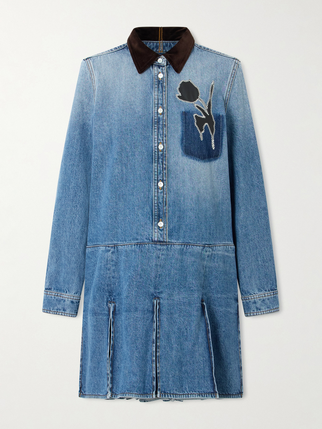 Marni Velvet-trimmed Appliquéd Pleated Denim Mini Dress In Blue