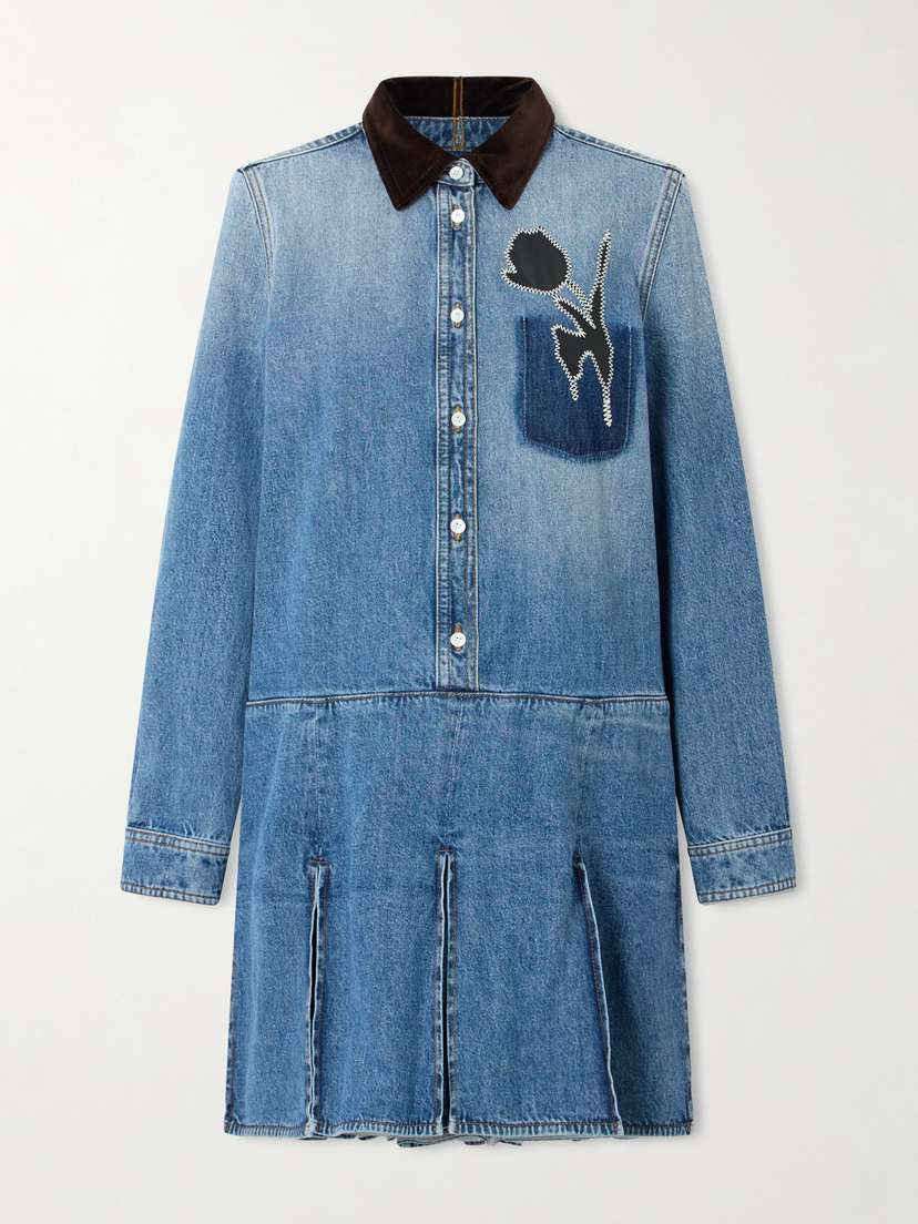 Marni Velvet-trimmed Appliquéd Pleated Denim Mini Dress