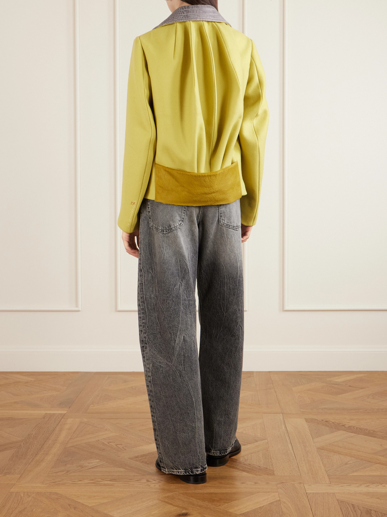 Marni Double-breasted Croc-effect Leather-trimmed Wool Jacket In Yellow