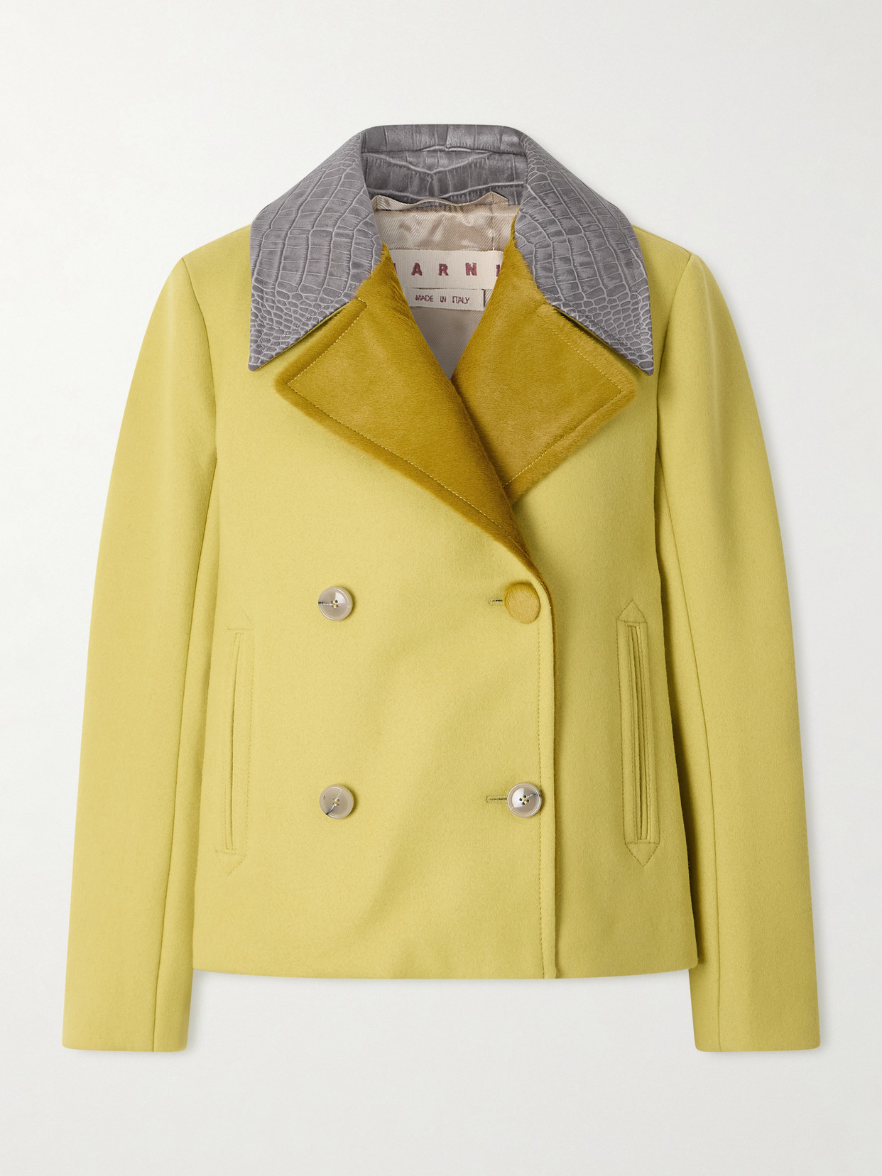 Marni Double-breasted Croc-effect Leather-trimmed Wool Jacket In Yellow
