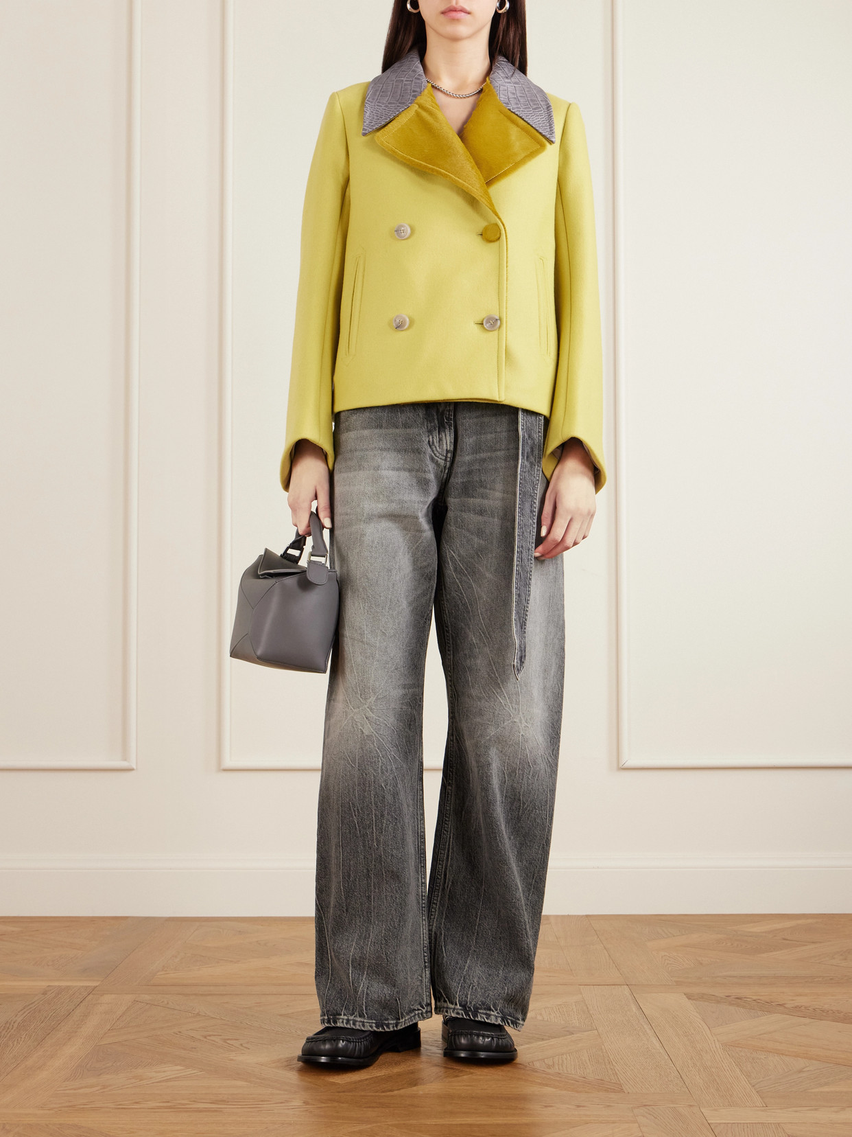 Marni Double-breasted Croc-effect Leather-trimmed Wool Jacket In Yellow