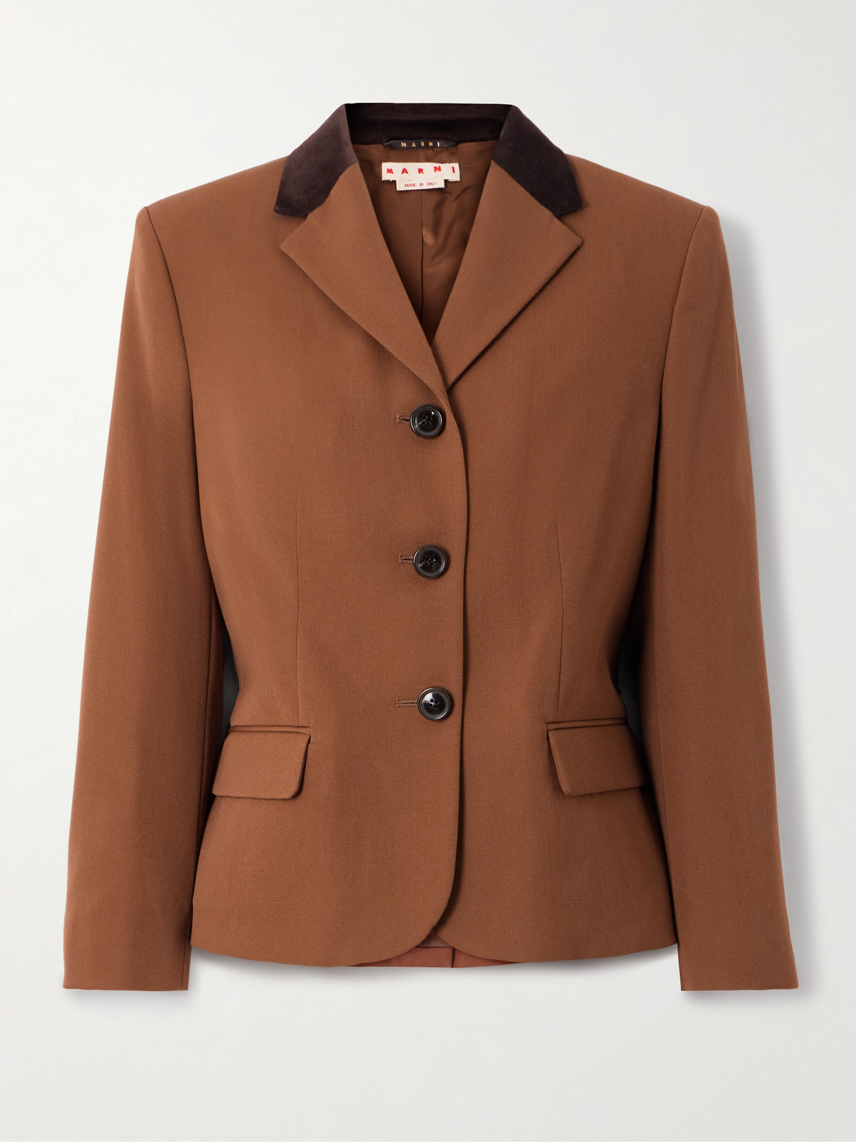 Marni Velvet-trimmed Embroidered Grain De Poudre Wool Blazer In Brown