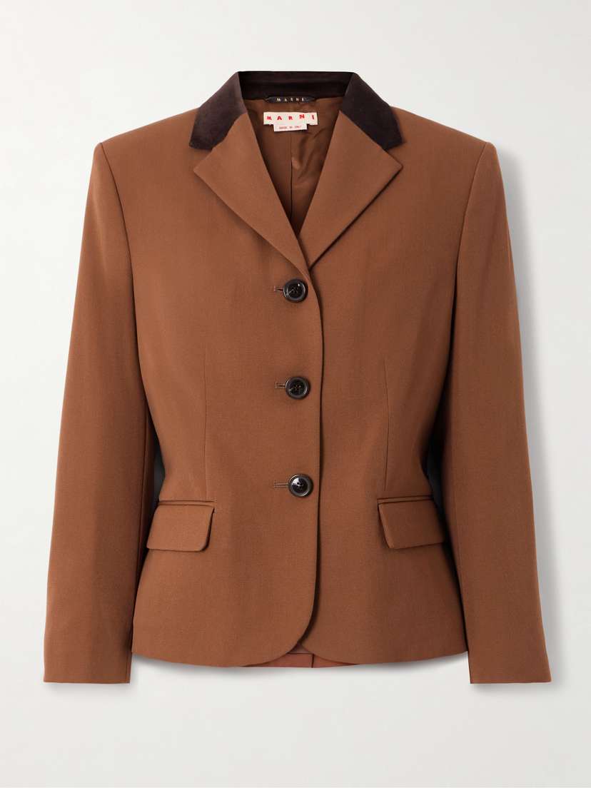 Marni Velvet-trimmed Embroidered Grain De Poudre Wool Blazer