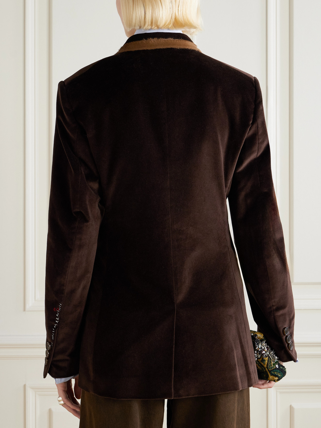 Marni Double-breasted Calf Hair-trimmed Cotton-velvet Blazer In Brown