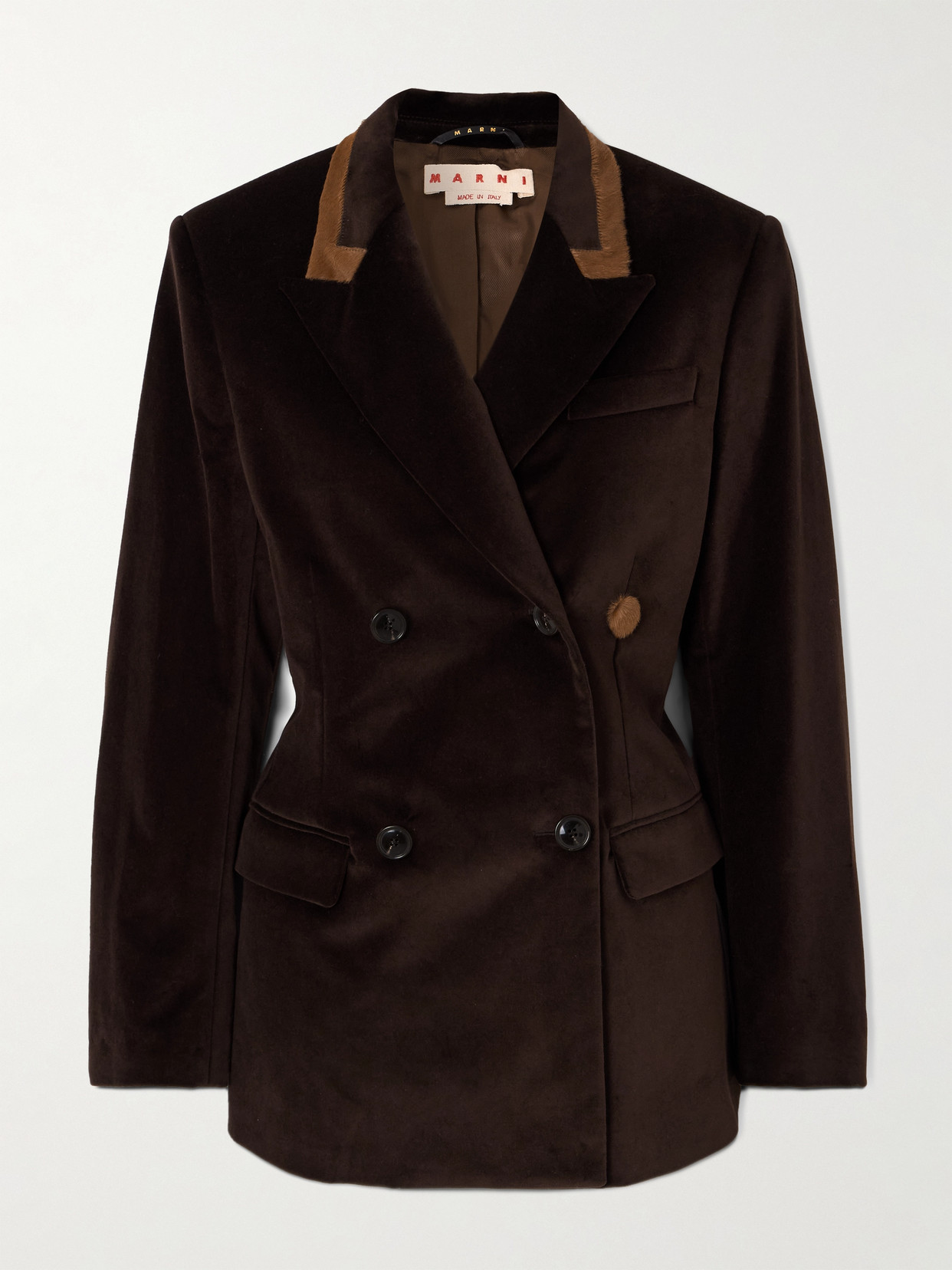 Marni Double-breasted Calf Hair-trimmed Cotton-velvet Blazer In Brown