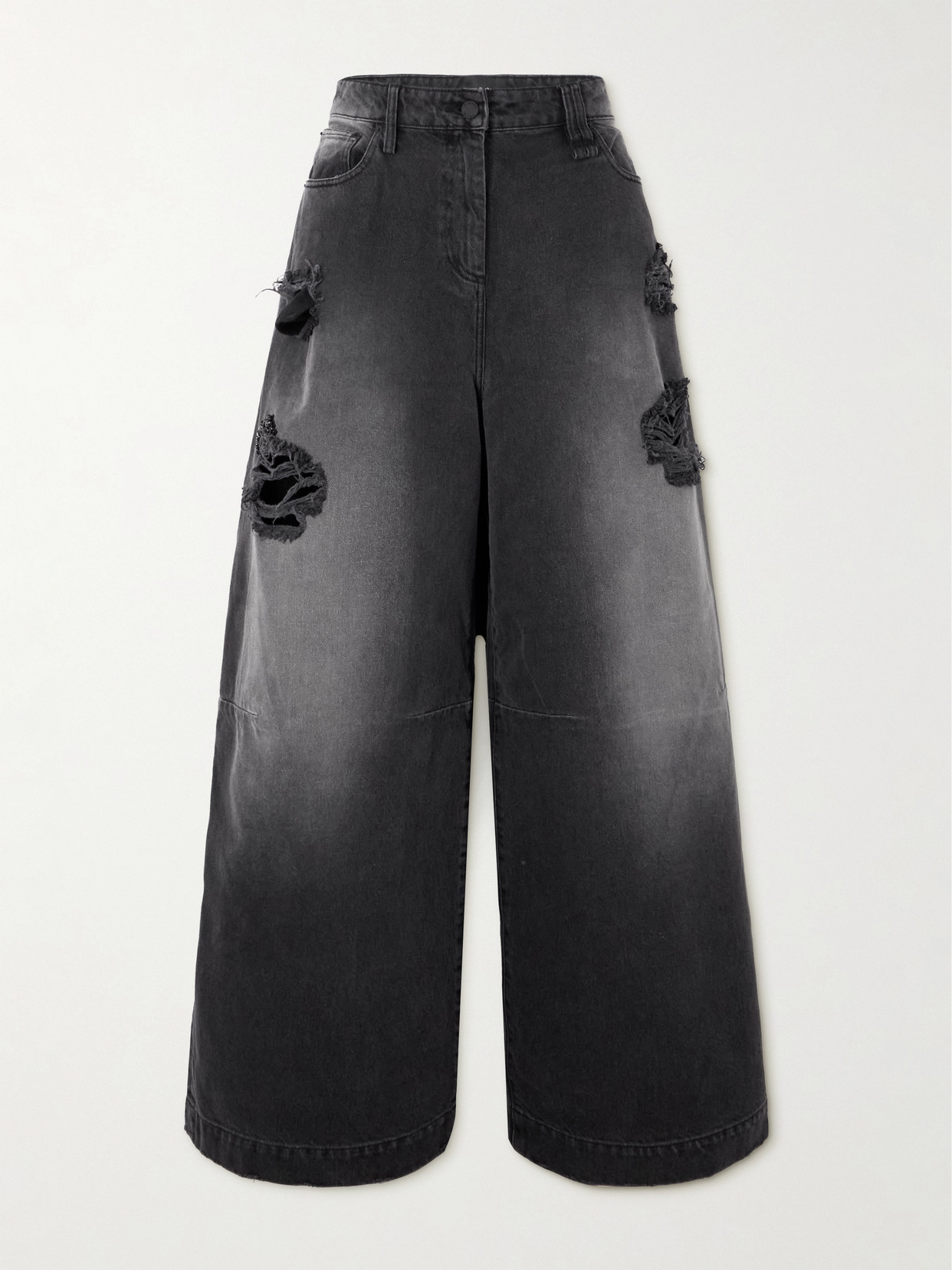 Simone Rocha Crystal-embellished Distressed Wide-leg Jeans In Black