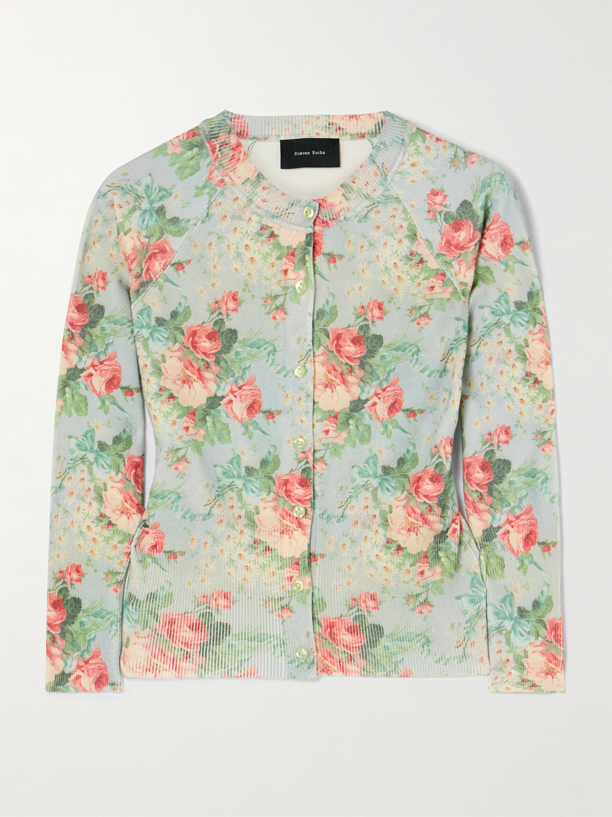 Simone Rocha Cropped Floral-print Knitted Cardigan In Blue