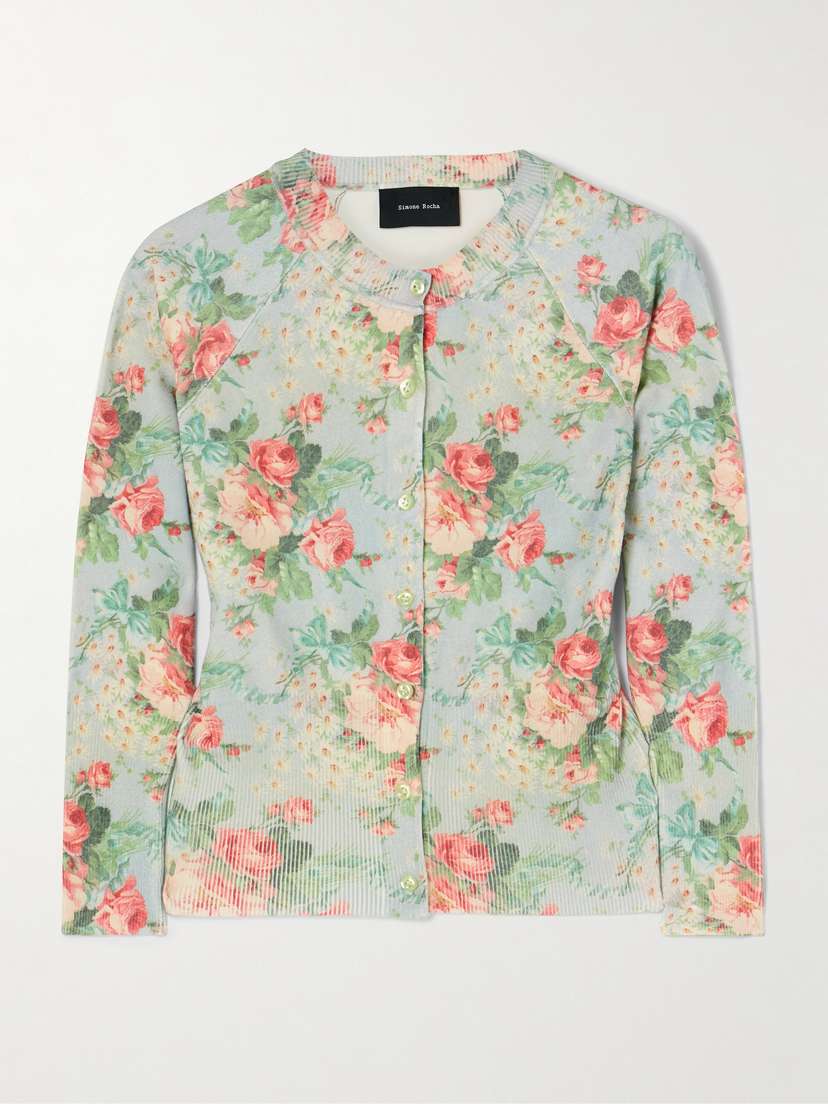 Simone Rocha Cropped Floral-print Knitted Cardigan