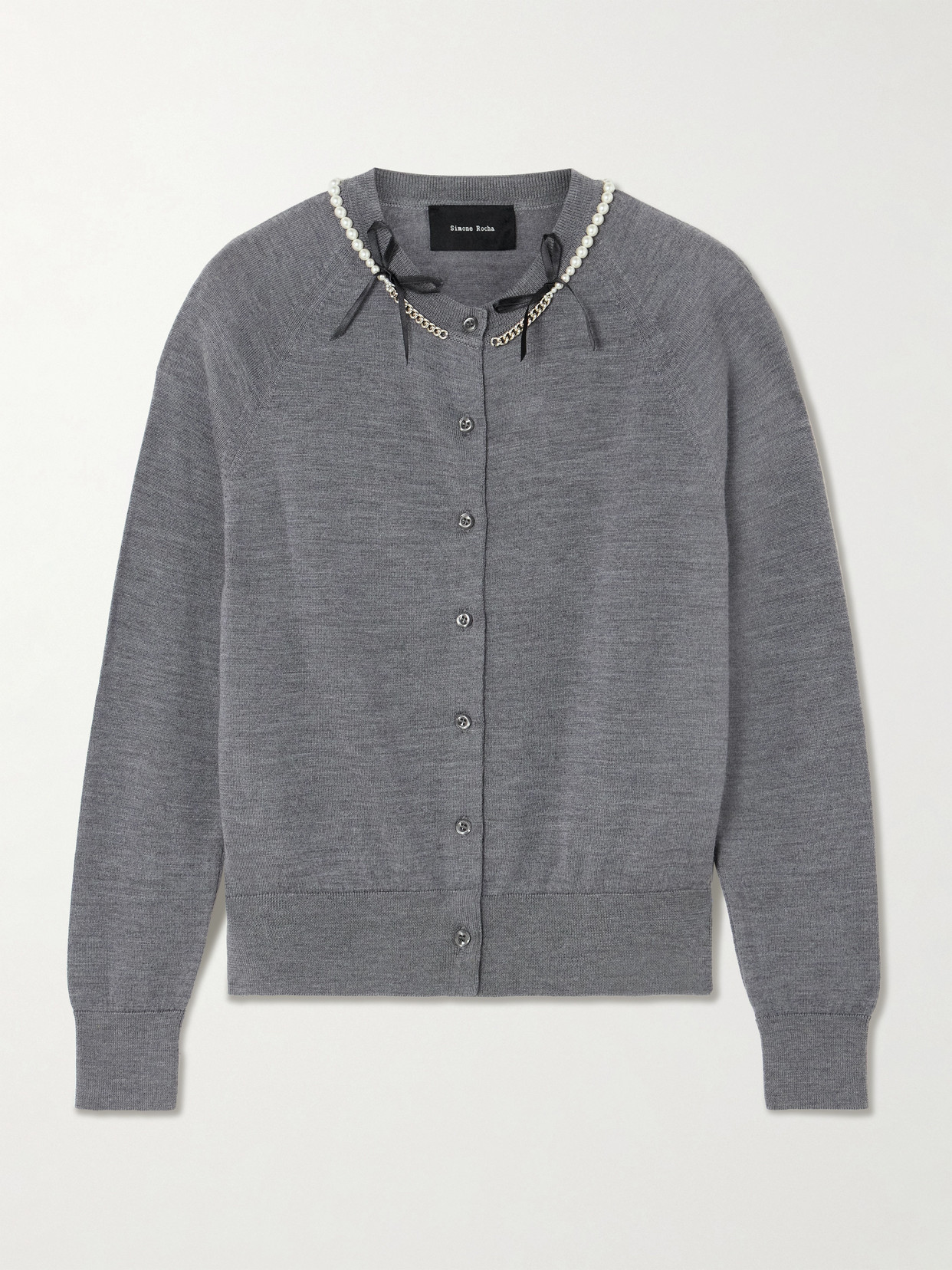 Simone Rocha Embellished Merino Wool And Silk-blend Cardigan In Gray