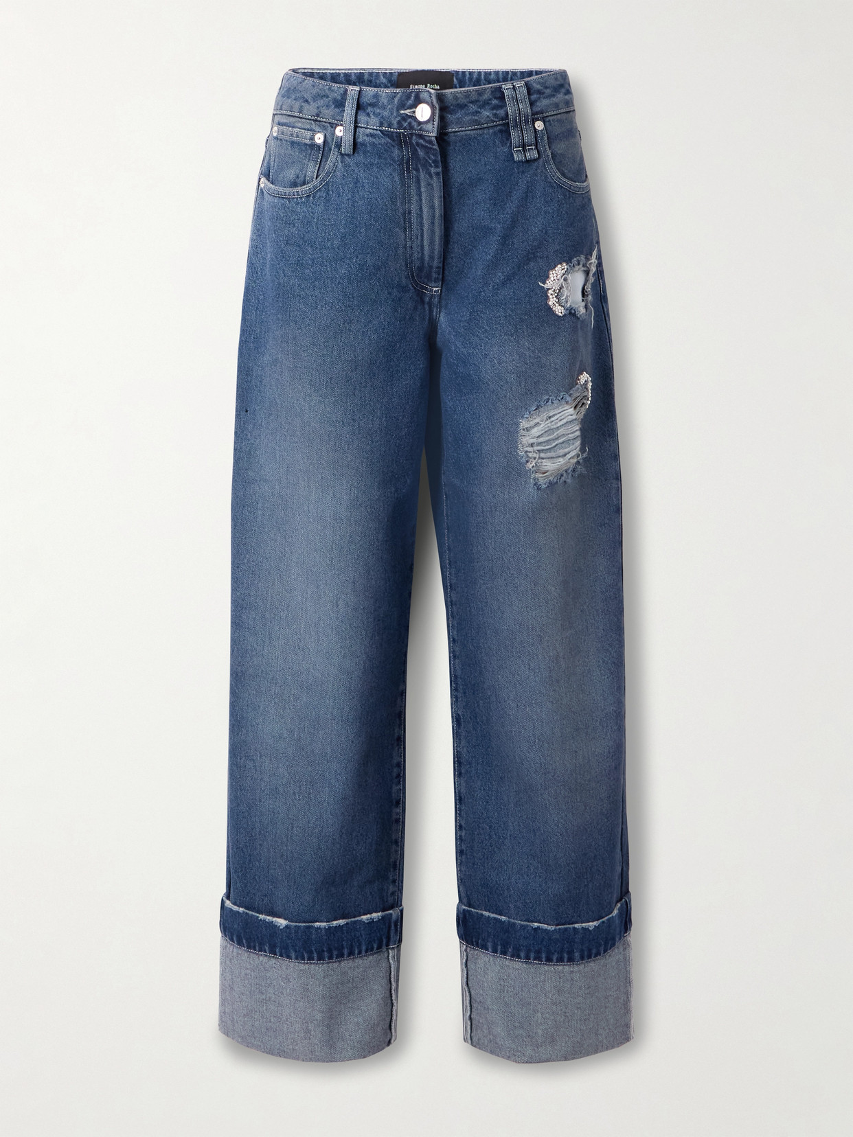 Simone Rocha Embellished Distressed Straight Leg Jeans In Blue