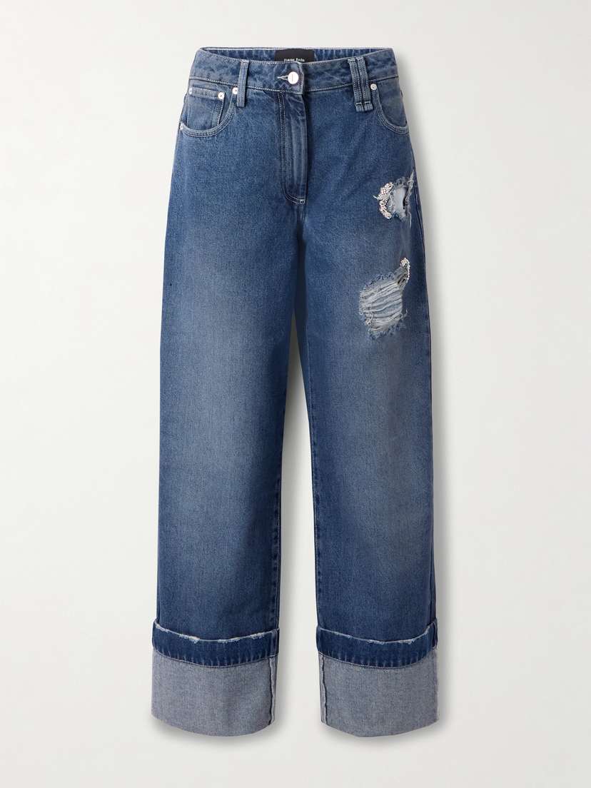 Simone Rocha Embellished Distressed Wide-leg Jeans