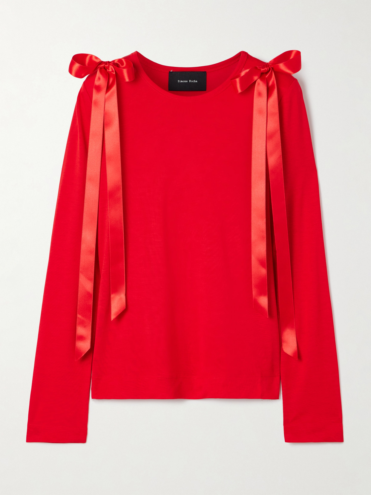 Simone Rocha Bow-embellished Satin-trimmed Lyocell-jersey Top In Red